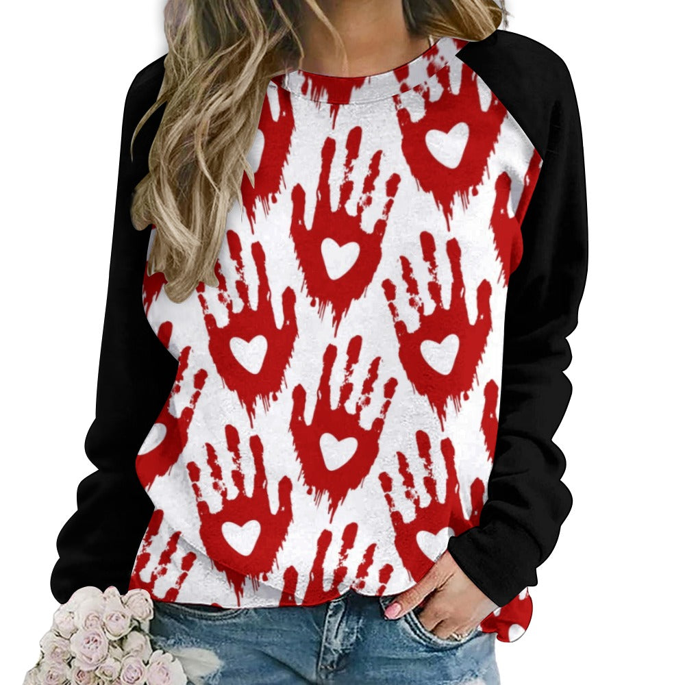 Bloody Hand Print Heart Raglan Round Neck Sweater | Gothic Halloween Pullover | Trendy Unisex Casual Wear for Parties & Outfits