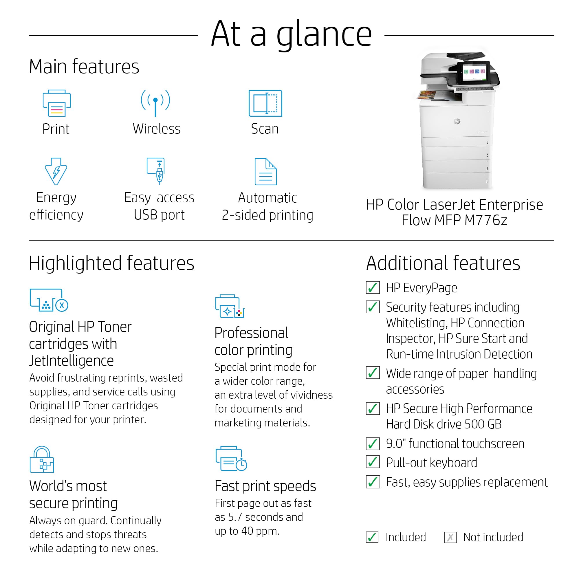 HP Color LaserJet Enterprise M776z Wireless All-in-One Printer - Fast Duplex Printing, JetIntelligence, White (3WT91A) | Ideal for Office & Home Workspaces