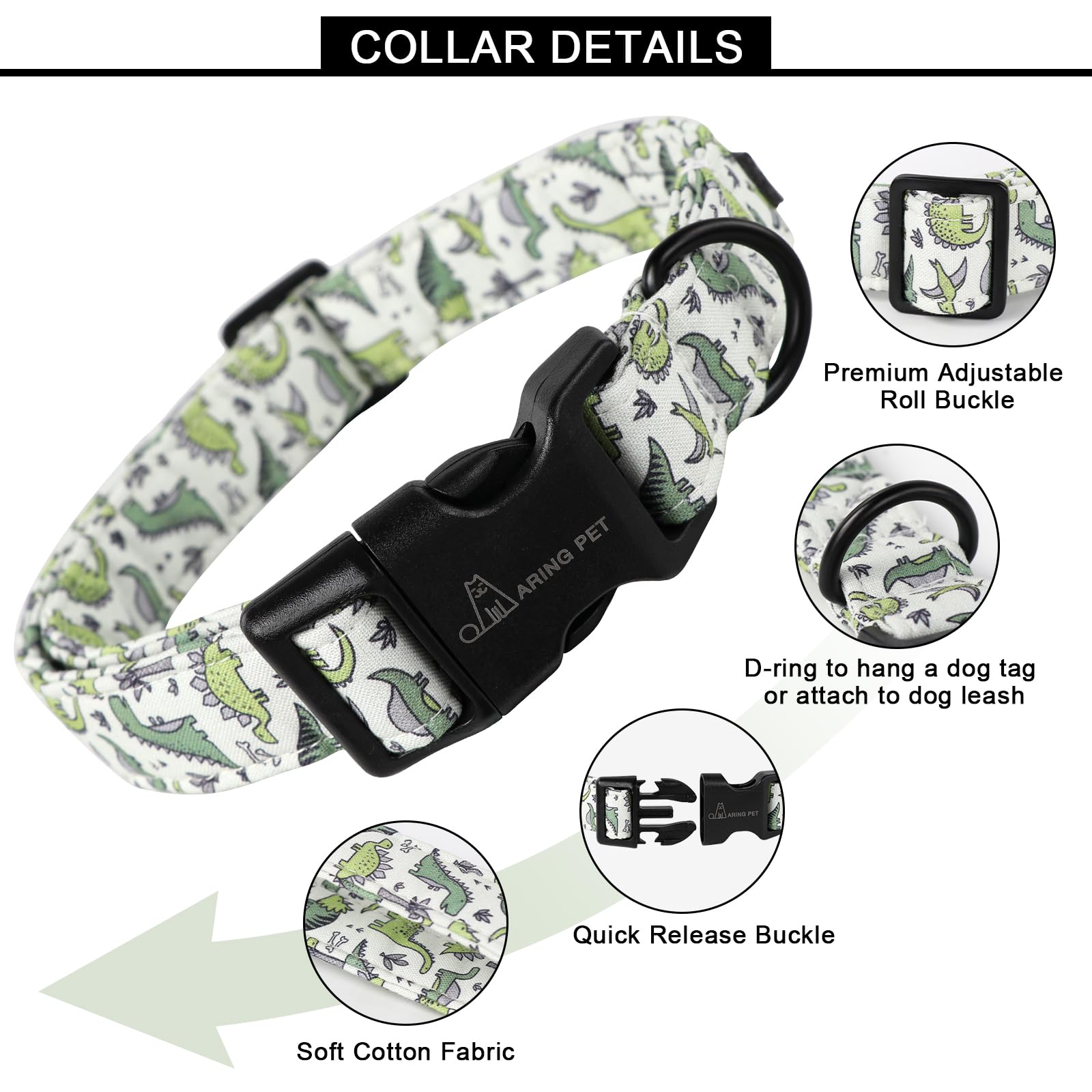 Dinosaur Dog Collar - Adjustable Cotton Pet Collar for Small Medium Large Dogs - Perfect for Daily Walks & Playtime