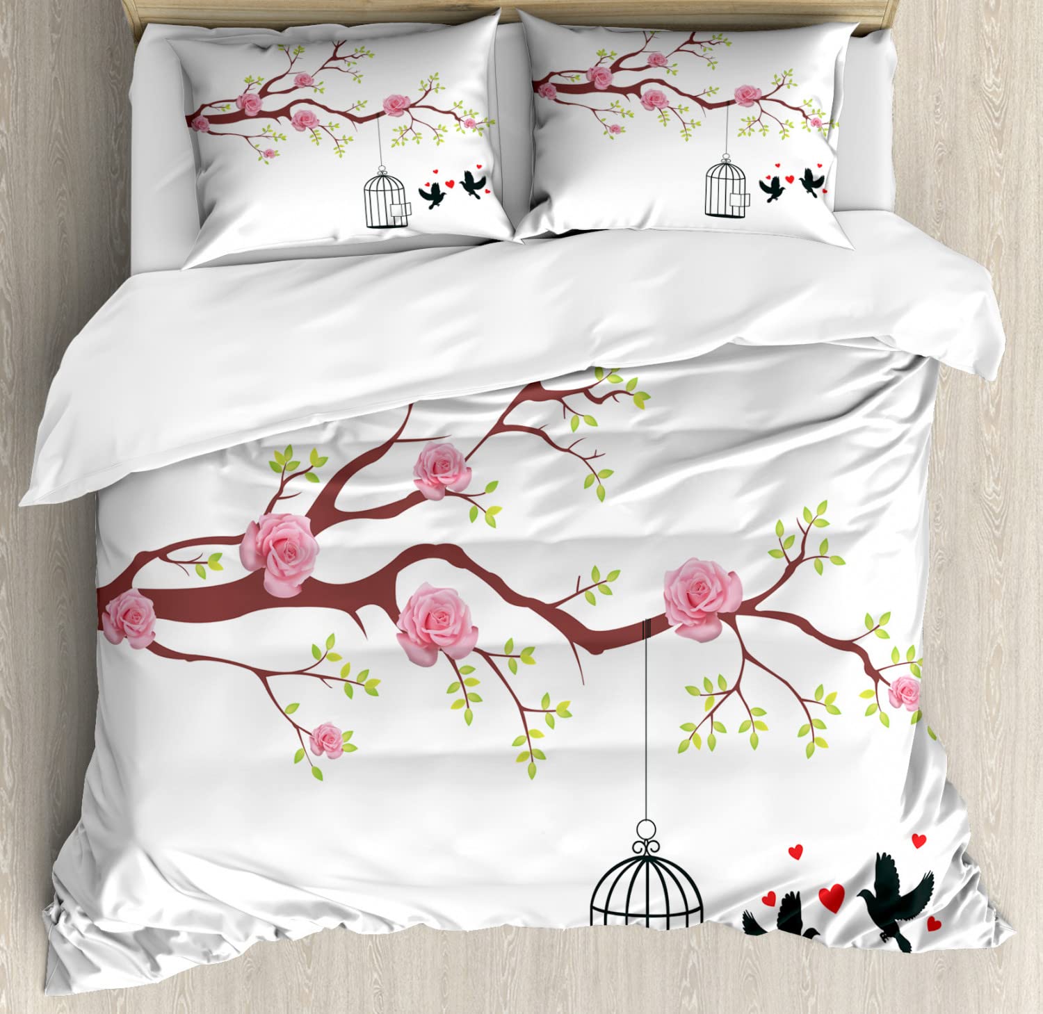 Ambesonne Birds Duvet Cover Set - Floral Roses with Love Birds and Heart Cage Romantic Design, 2-Piece Twin Size Bedding Set (Duvet Cover + Pillowcase) in Pink, Brown & White - Perfect for Couples Bedroom, Guest Room or Romantic Getaway Decor