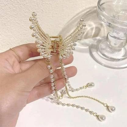 NANDANA COLLECTIONS Pearl Hair Clips for Women - Elegant Stone Hair Accessories, Wedding Butterfly Claw Clip, Hair Clutcher for Girls & Women | Perfect for Bridal, Party, and Everyday Use