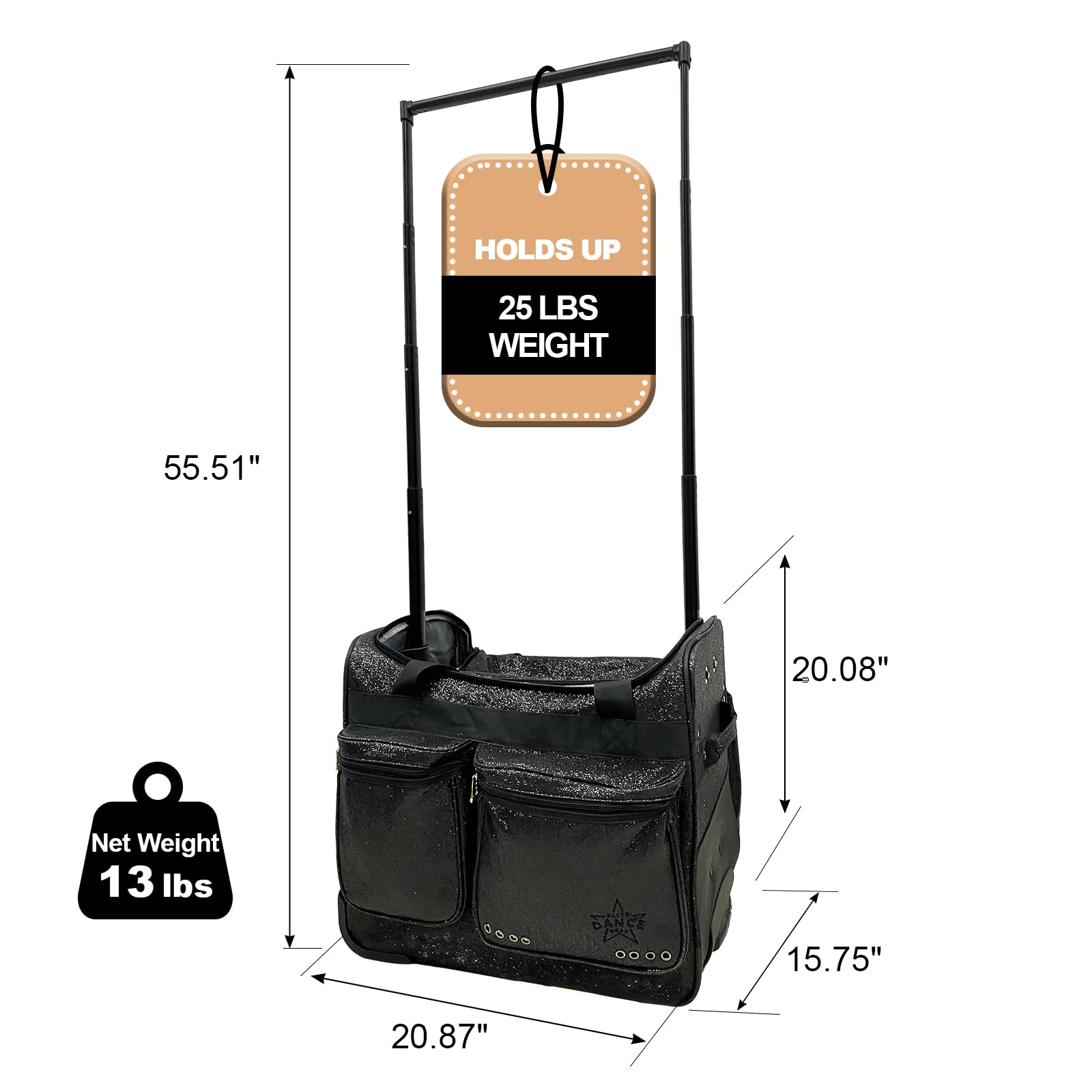 20 Inch Rolling Dance Bag with Garment Rack - Collapsible Competition Duffel Bag with Wheels for Dancers | Travel & Performance Costume Storage (Black) - Perfect for Dance Recitals, Competitions & Travel