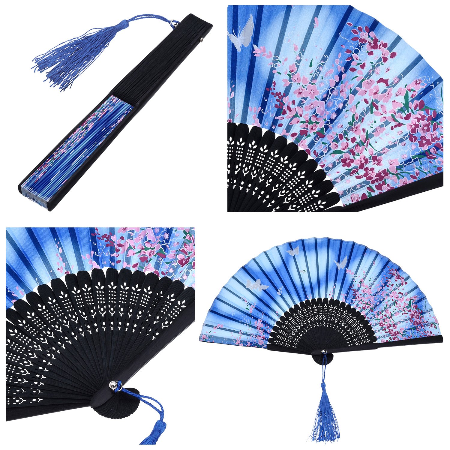 2 Pack Folding Handheld Bamboo Fans with Tassel - Traditional Chinese Style Women's Hollow Carved Hand Fans for Wall Decor, Wedding Favors, Photo Props & Summer Cooling (Cherry Blossom & Butterfly Design)