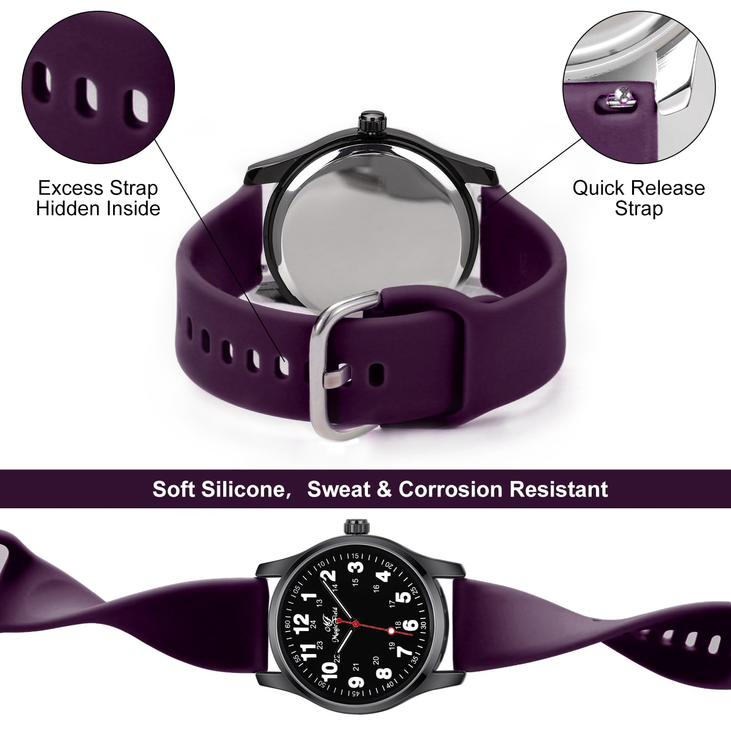 ManChDa Analog Military Watch with Second Hand - 24-Hour Waterproof Silicone Watch for Men & Women - Easy to Read Purple & Black Design - Perfect for Outdoor Activities, Sports & Everyday Use