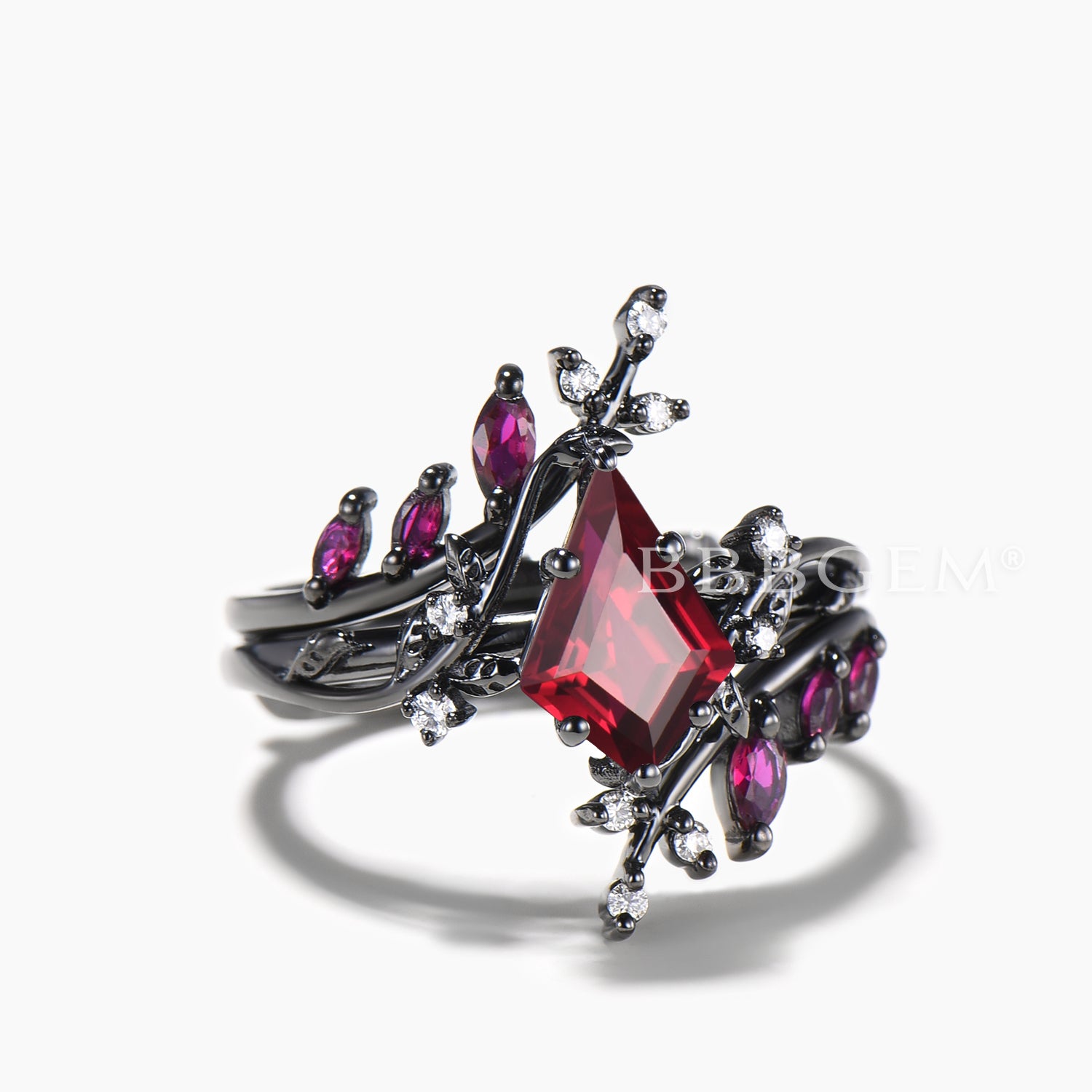 Exquisite Kite Cut Ruby Leaf Engagement Ring with Diamond Branch - Vintage Gothic Bridal Jewelry Set for Weddings, Anniversaries & Romantic Occasions