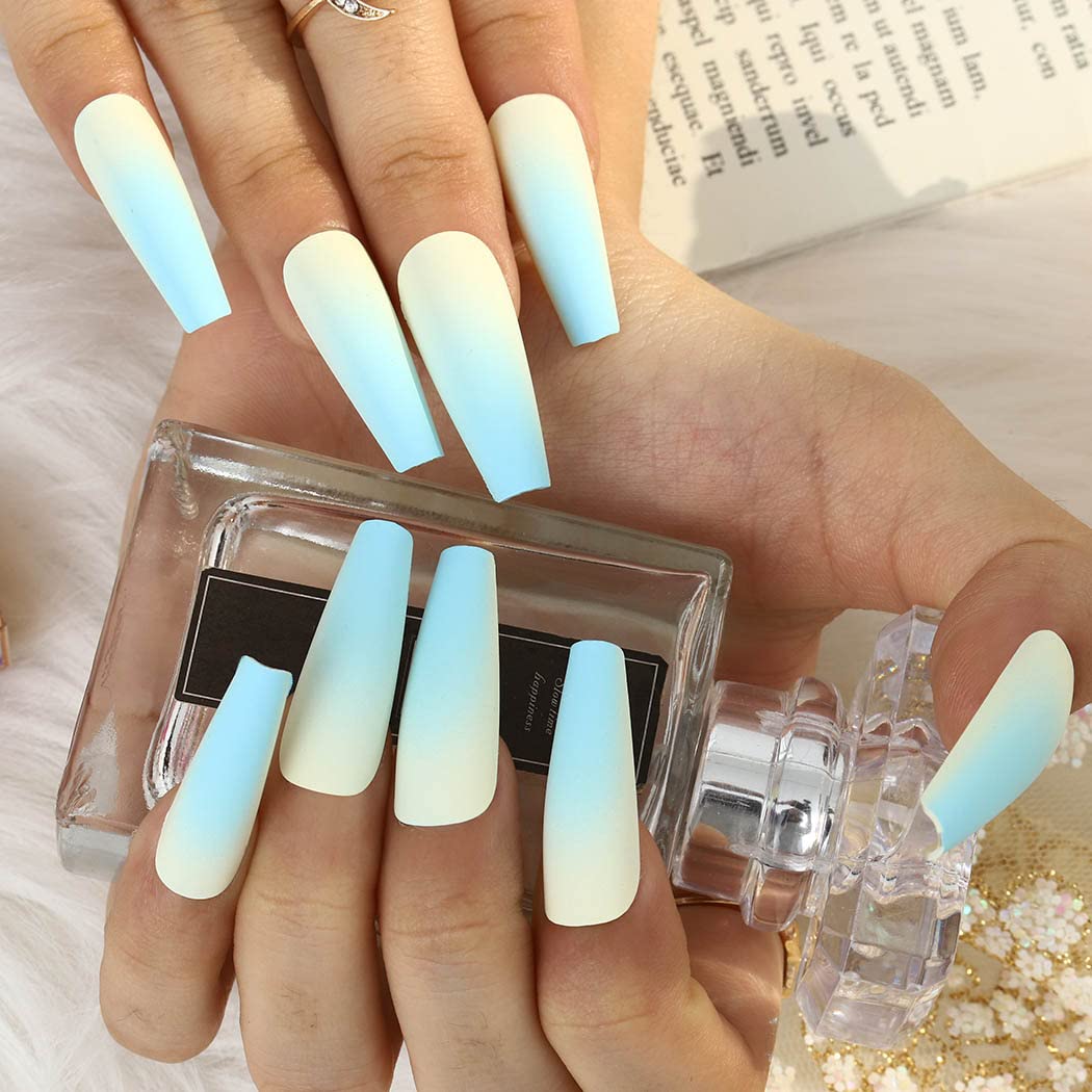 Extra Long Blue Ombre Press on Nails - Ballerina Matte Fake Nails with Full Cover Design (24pcs) | Halloween Acrylic Nail Tips for Women & Girls | Perfect for Parties, Cosplay and Special Occasions