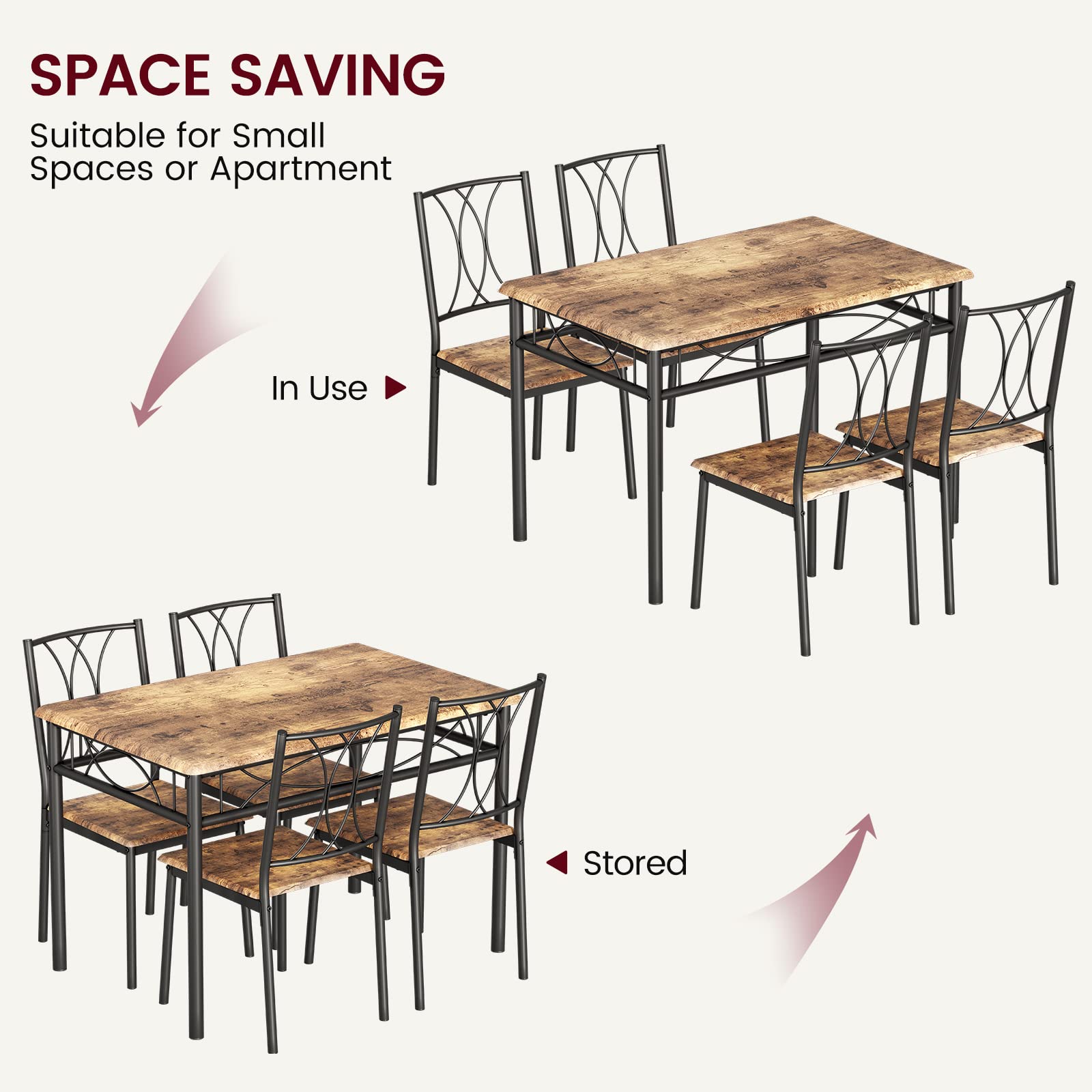 CABIHOME 4-Piece Retro Brown Dining Table Set with 4 Chairs - Compact Rectangular Kitchen Table for Small Spaces, Apartments & Dining Rooms | Perfect for Breakfast Nooks, Cozy Meals & Entertaining Guests