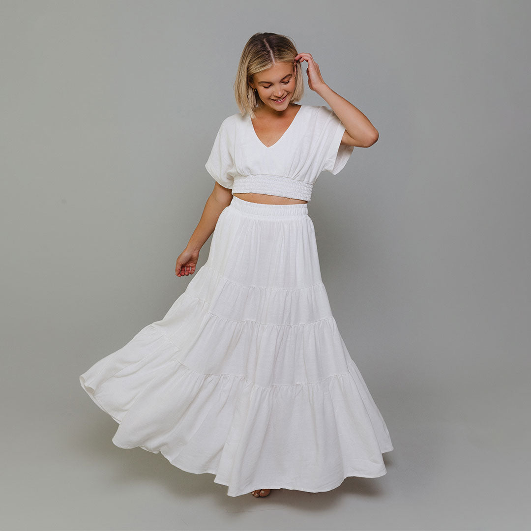 Coastal Crop Top in Cream - Women's Casual Short Sleeve Shirt for Beach, Summer Outfits & Boho Style Fashion