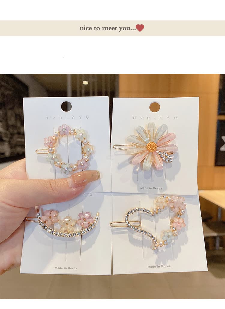 Korean Style Pearl Barrettes for Women - 4 Piece Hair Clip Set with Marble Alligator & Duckbilled Bobby Pins | Elegant Hair Accessories for Parties, Weddings & Daily Styling