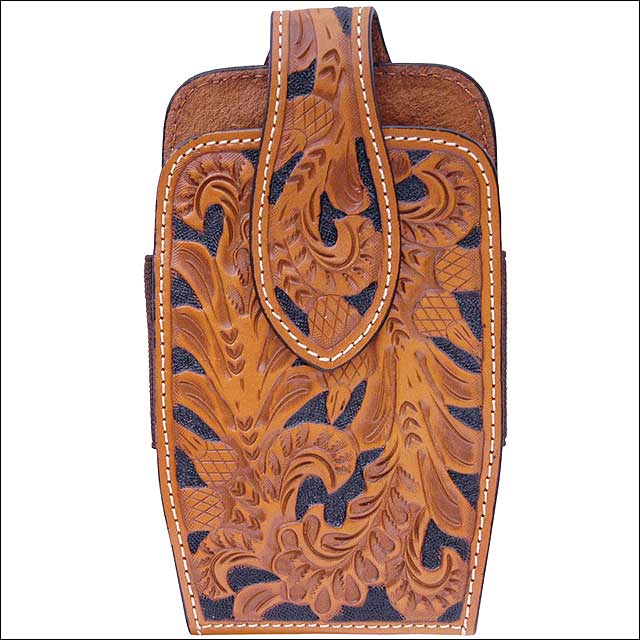3D Natural Hand Tooled Floral Leather Elastic Sides Large Smartphone Holder - Perfect for Home, Office & Travel - Fits iPhone, Samsung & Most Phones
