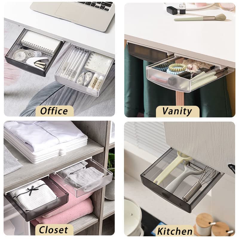 SOUJOY 3 Pack Under Desk Drawer Organizer - Self-Adhesive Slide Out Storage Tray for Office, Home, School & Kitchen - Space Saving Hidden Storage Solution for Desks, Tables, Sewing Stations & Workstations