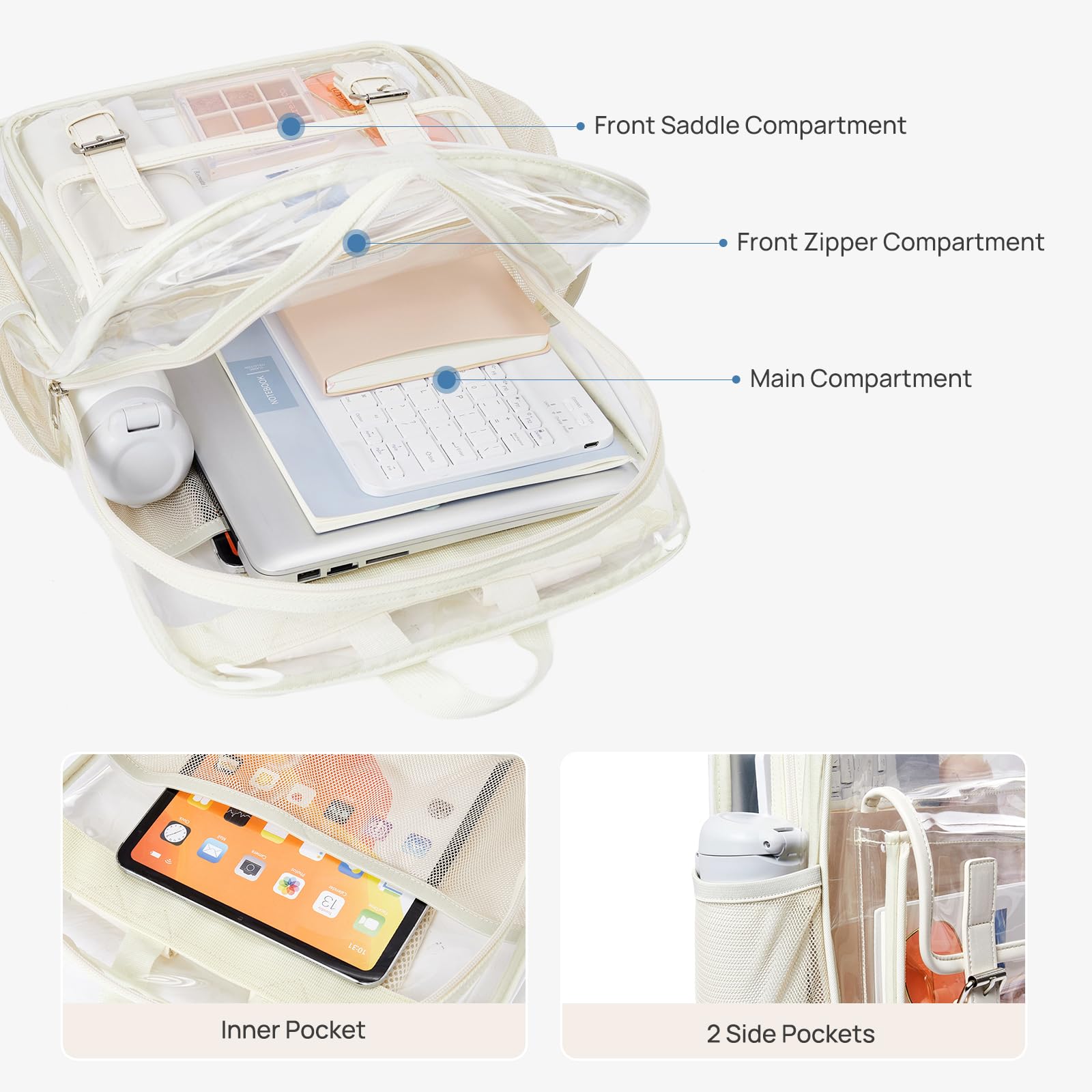 Telena Heavy Duty Clear Backpack with Multi-Pockets - Durable TPU Transparent Backpack with Reinforced Straps for College, Work & Travel - Large See-Through Bookbag (White) - Perfect for School, Office, Airport Security & Stadium Events