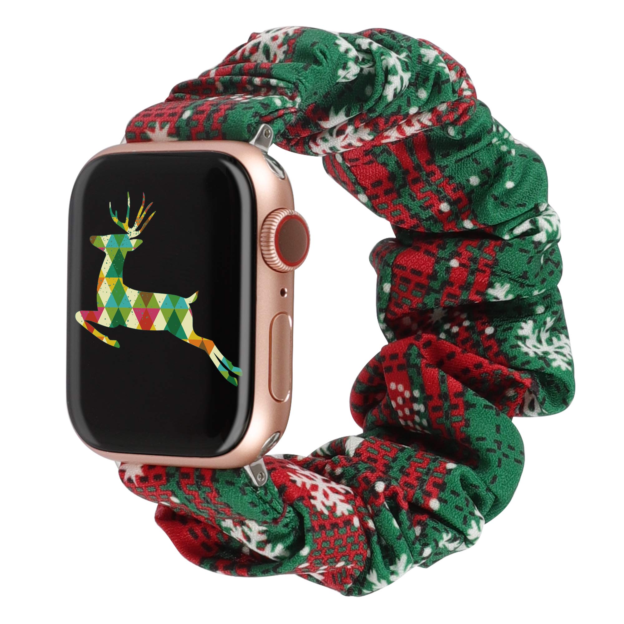 TOYOUTHS Christmas Scrunchies Apple Watch Band Compatible with Series SE 8 7 6 5 4 3 2 1 - 41mm 40mm 38mm Soft Pattern Printed Solo Loop Bracelet for Women in Rose Gold | Perfect for Holiday Gifts, Party Accessories & Everyday Fashion Wear