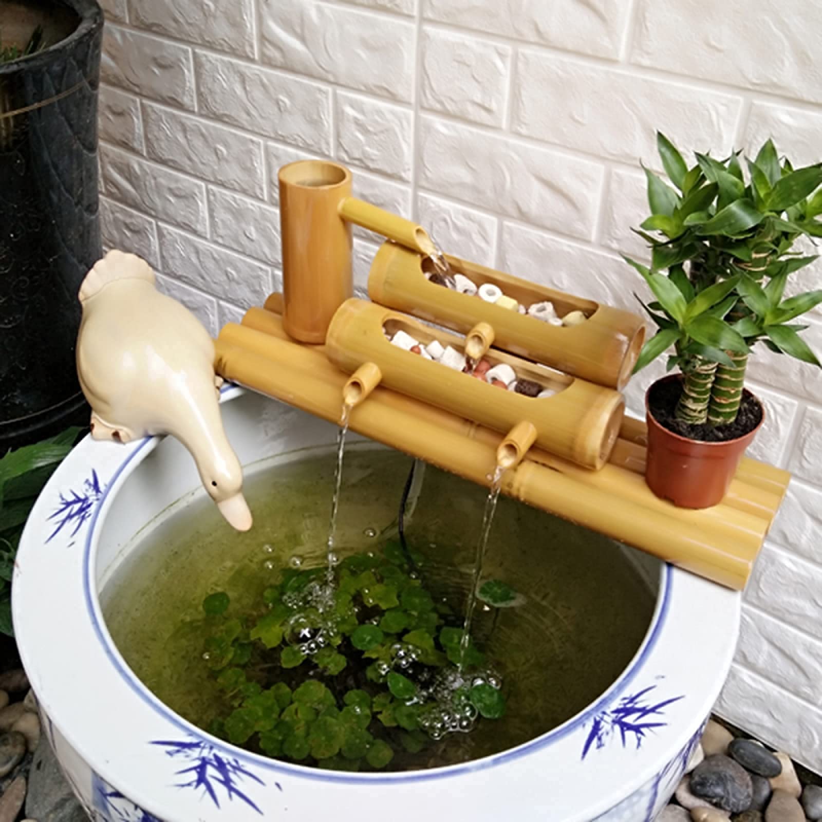 Solar Powered Bamboo Water Fountain - Outdoor Garden Decor, Feng Shui Wheel Feature for Home & Office Desktop | Relaxing Zen Water Feature for Patio, Yard & Workspace
