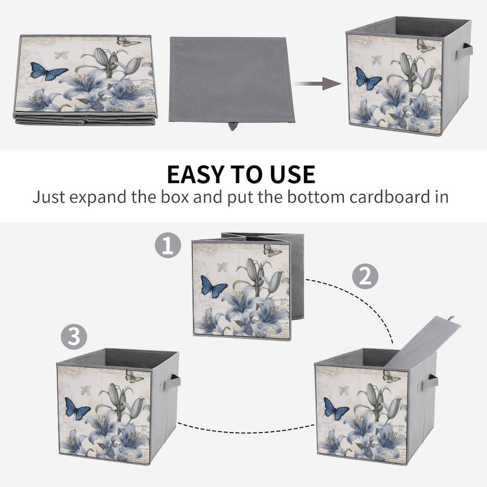 2-Pack Collapsible Storage Bins with Handles - Blue Floral Printed Foldable Storage Boxes for Home Organization, Shelves, Closet & Pantry | Space-Saving Storage Solution for Bedroom, Bathroom & Office