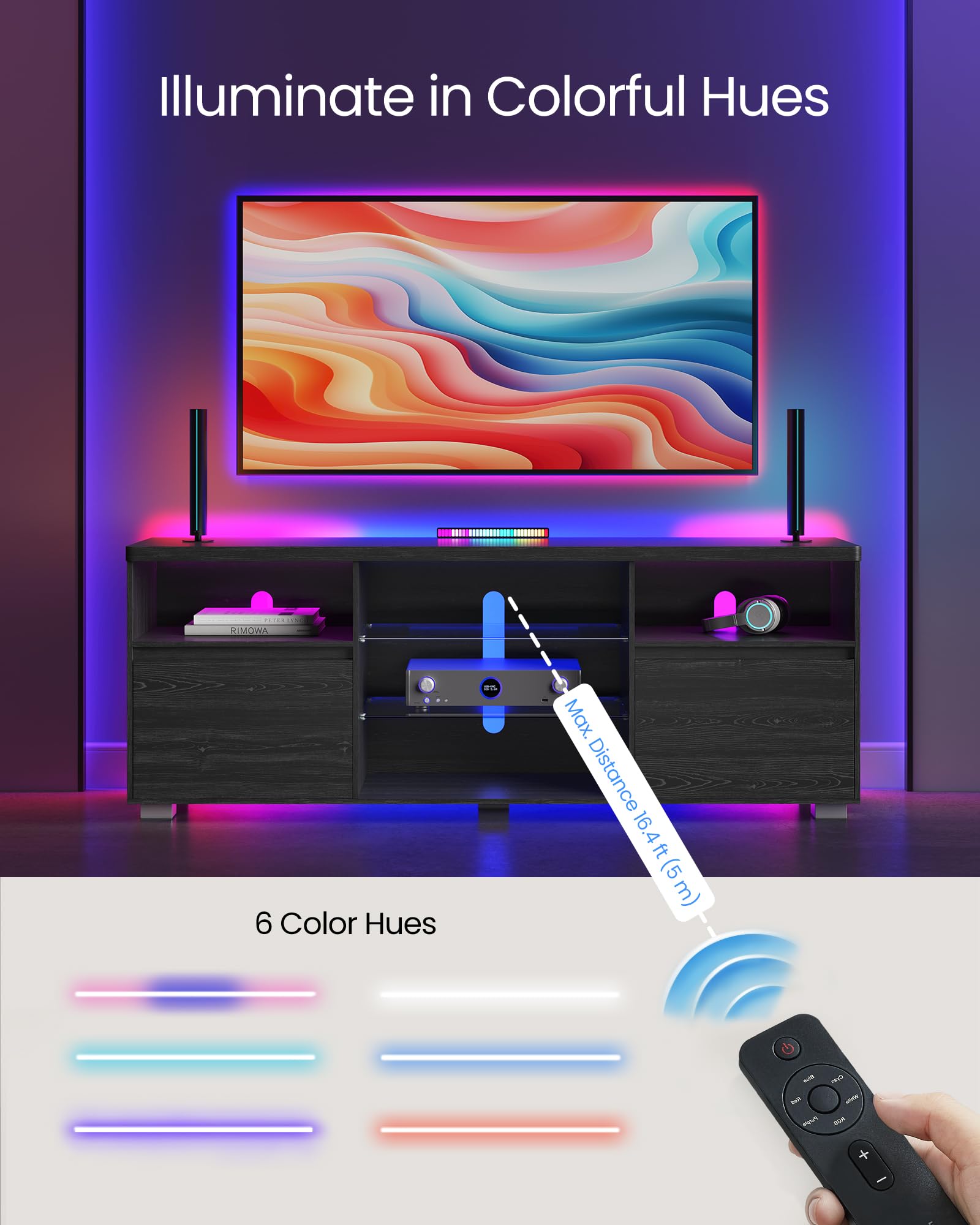 VASAGLE 63-Inch TV Stand with LED Lights for 70 Inch TVs, Modern Entertainment Center with Open Glass Shelves & 2 Storage Cabinets - Black ULTV330T21 | Perfect for Living Room, Bedroom & Home Theater Setup