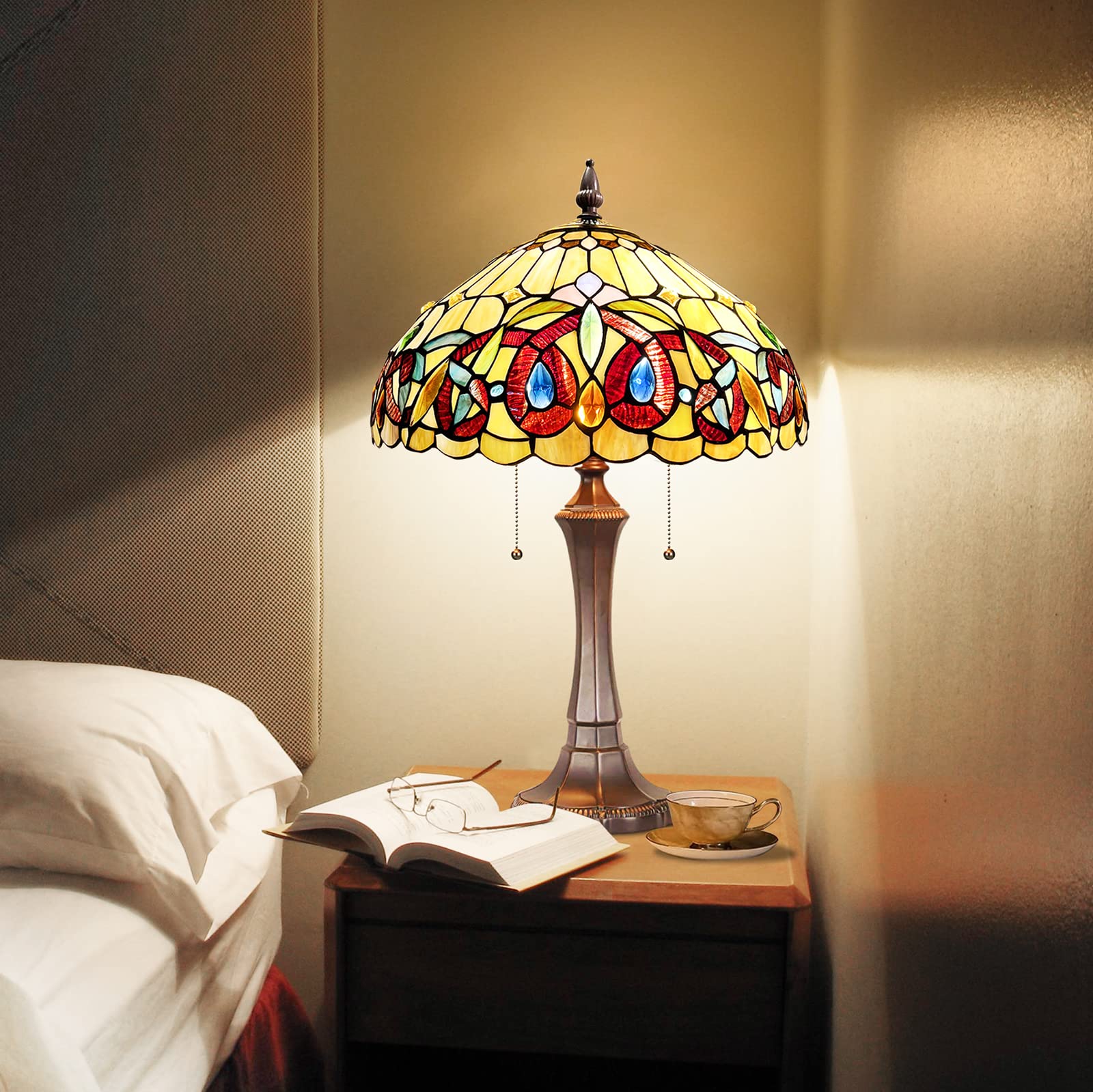 Tiffany Style Table Lamp - Antique Victorian Art Desk & Bedside Lamp, 2-Light, 16x16x24 Inches for Bedroom, Living Room & Office - Perfect for Reading, Decor & Ambient Lighting