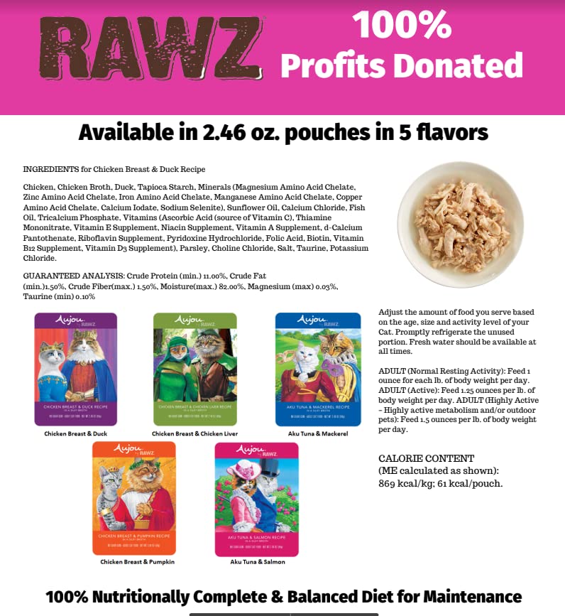 Premium Rawz Aujou Aku Tuna & Mackerel Grain-Free Cat Food - 8 Pack of 2.46 oz Pouches - High Protein Wet Cat Food for Adult & Senior Cats - Perfect for Picky Eaters & Sensitive Stomachs - Ideal for Mealtime, Travel & Treat Rewards