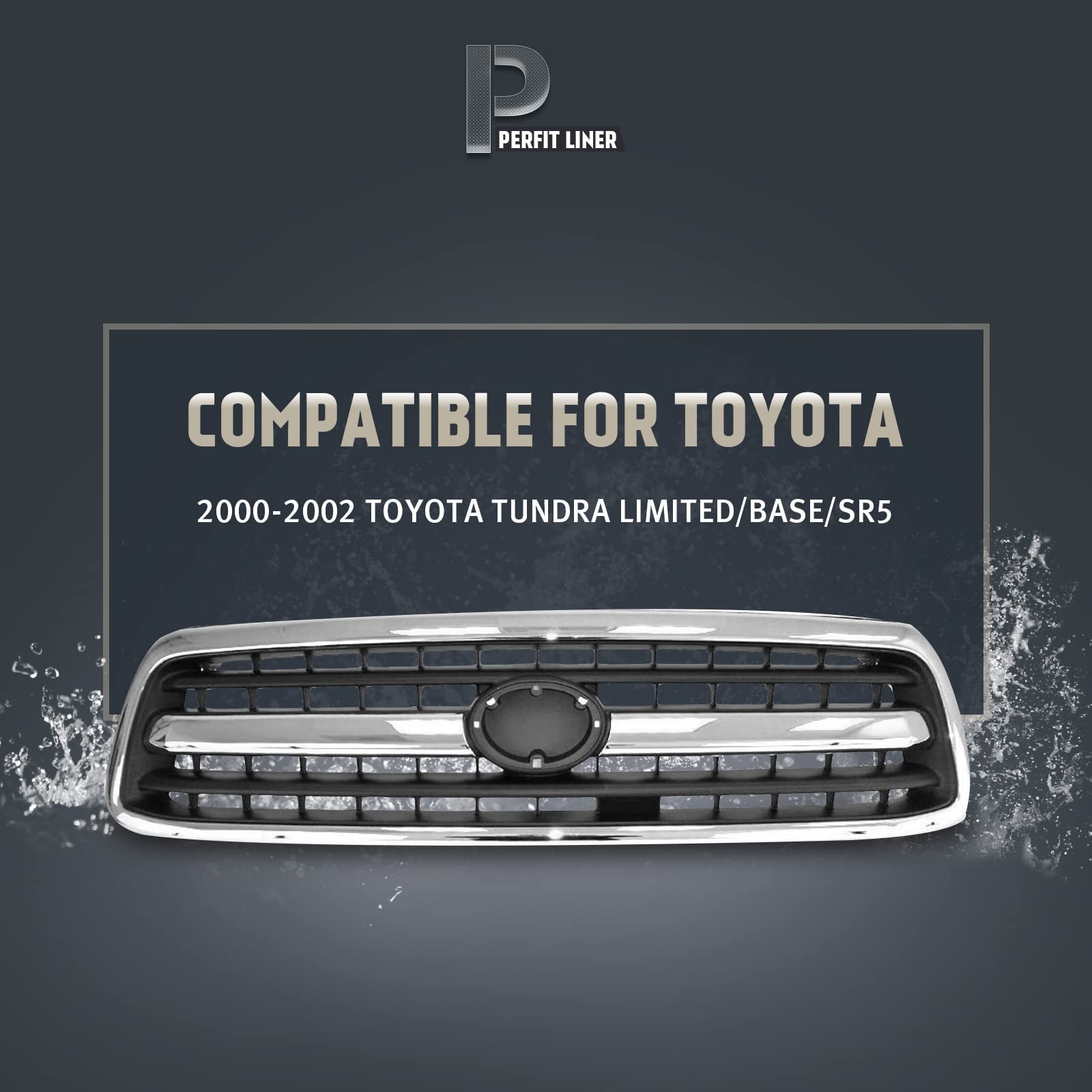 Perfit Liner Front Chrome Black Grille Grill with Emblem Provision - Compatible with 2000-2002 Toyota Tundra Pickup Truck (Part #TO1200223 531000C020) - Upgrade Your Truck's Style & Protection