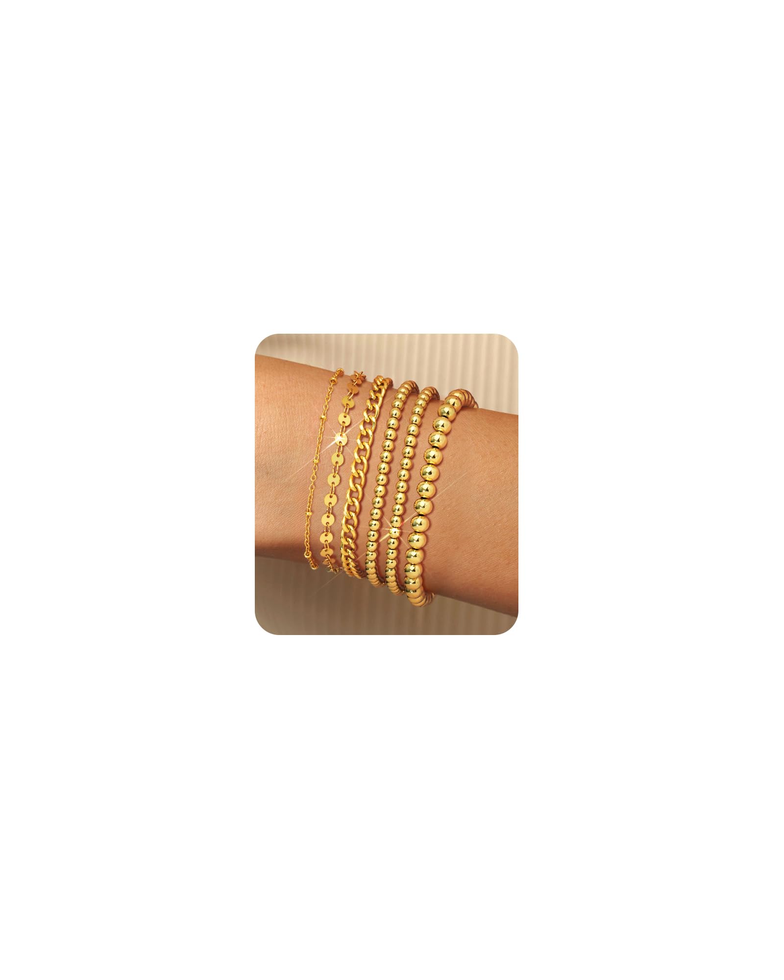 14K Gold Plated Women's Bracelet Set - Dainty Cuban Link, Figaro, Herringbone & Beaded Stackable Bracelets | Non-Tarnish Jewelry Gift for Her | Perfect for Everyday Wear, Layering & Special Occasions