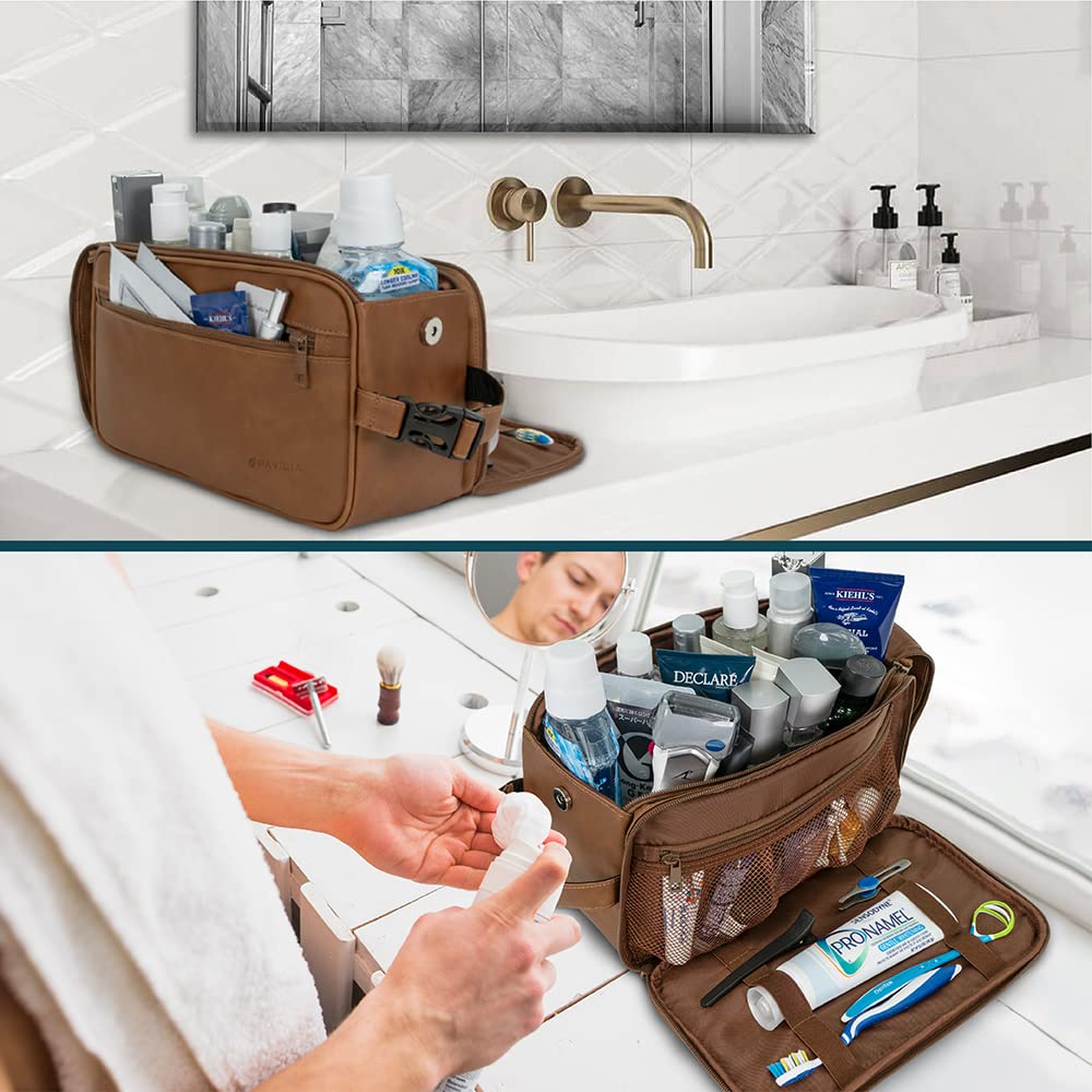 PAVILIA Men's Travel Toiletry Bag - XL PU Leather Water-Resistant Dopp Kit for Shaving & Grooming Essentials | Perfect for Business Trips, Camping & Gym (Brown)