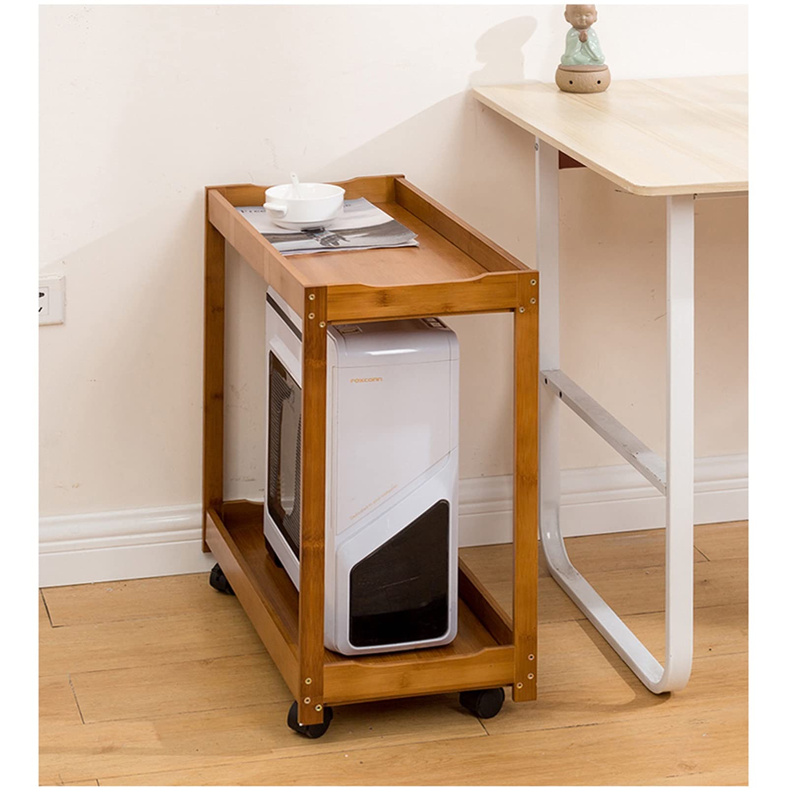 2-Tier Adjustable Computer Host Stand with Locking Casters - Mobile Floor-Standing Printer Stand & Storage Rack for Office - Natural Wood Color - Perfect for Home Office, Gaming Setup, and Workspace Organization