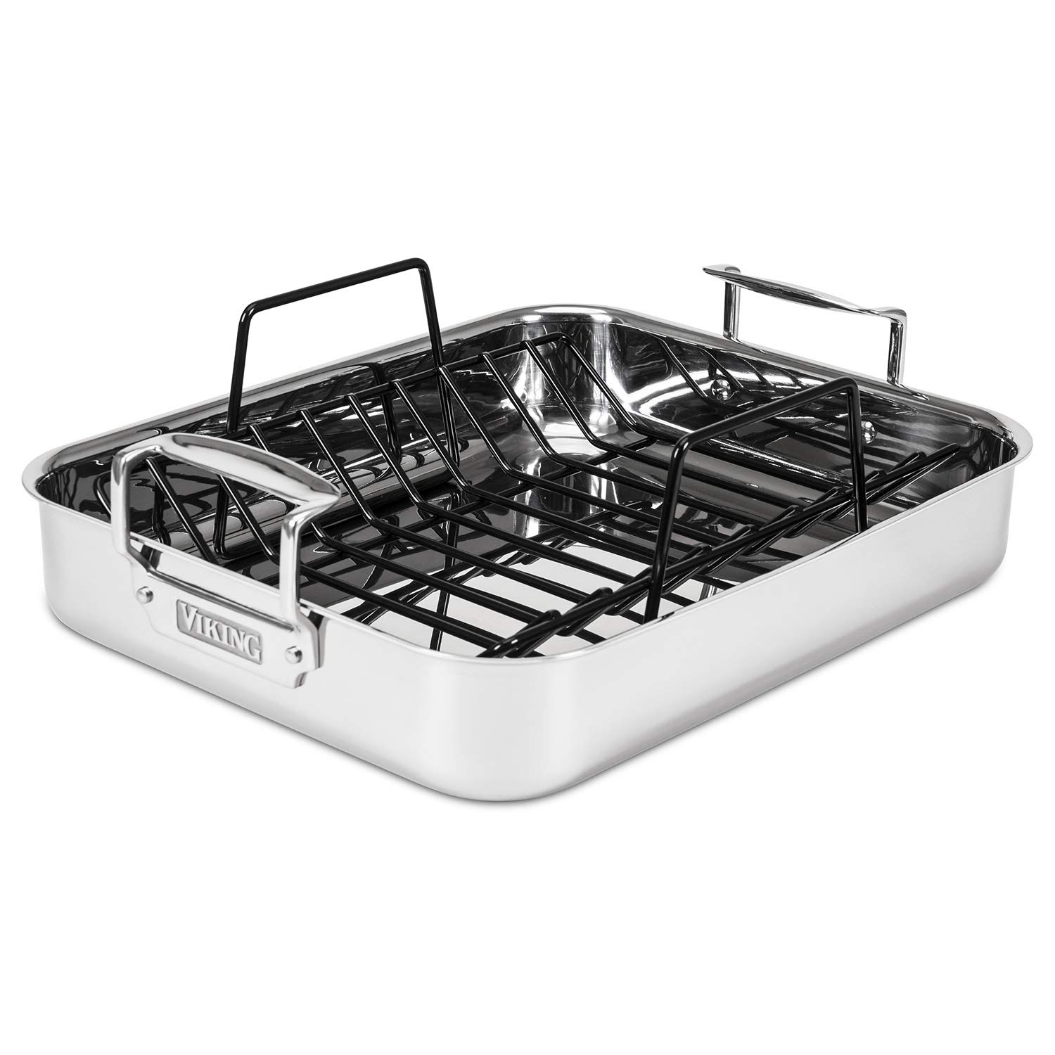 Viking 3-Ply Stainless Steel Roasting Pan with Non-Stick Rack - 16 x 13 Inch Oven Safe Cookware for Turkey, Chicken & Meat - Dishwasher Safe, Induction Compatible - Perfect for Holiday Dinners, Family Gatherings & Meal Prep