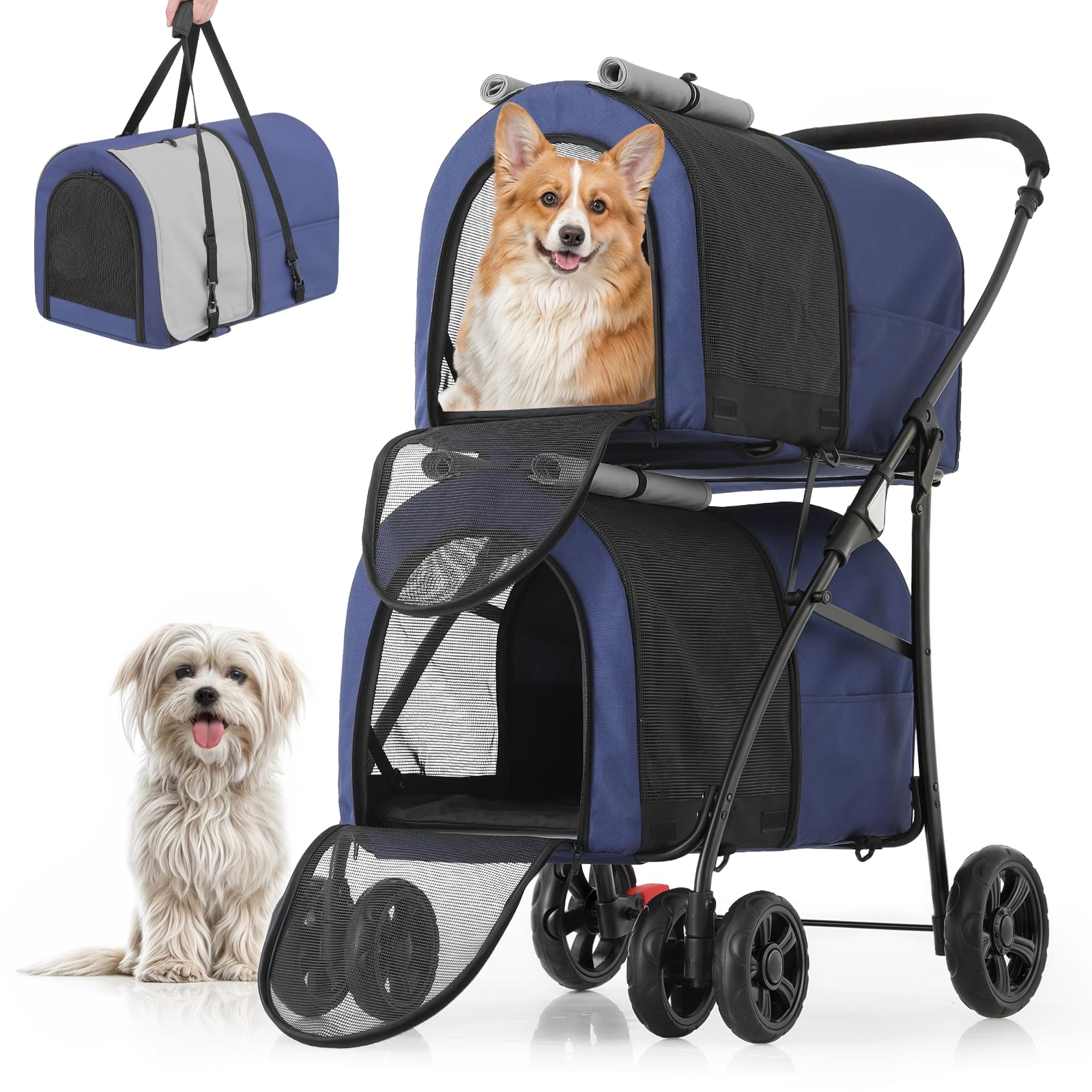 MoNiBloom Double Dog Stroller with Detachable Carrier Bags - Large 4-Wheel Foldable Pet Jogger for Small & Medium Dogs & Cats (Navy Blue/Gray) - Perfect for Outdoor Walks, Park Visits & Vet Appointments