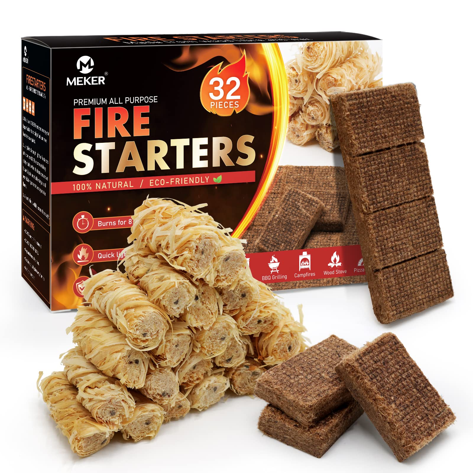 MEKER Natural Fire Starters - All Weather Eco-Friendly Firelighters for Fireplace, Campfire, Fire Pit, BBQ Grill & Wood Stove | Odorless Charcoal & Wood Wool Starter for Easy Ignition | Perfect for Outdoor Camping, Backyard Gatherings & Emergency Preparedness