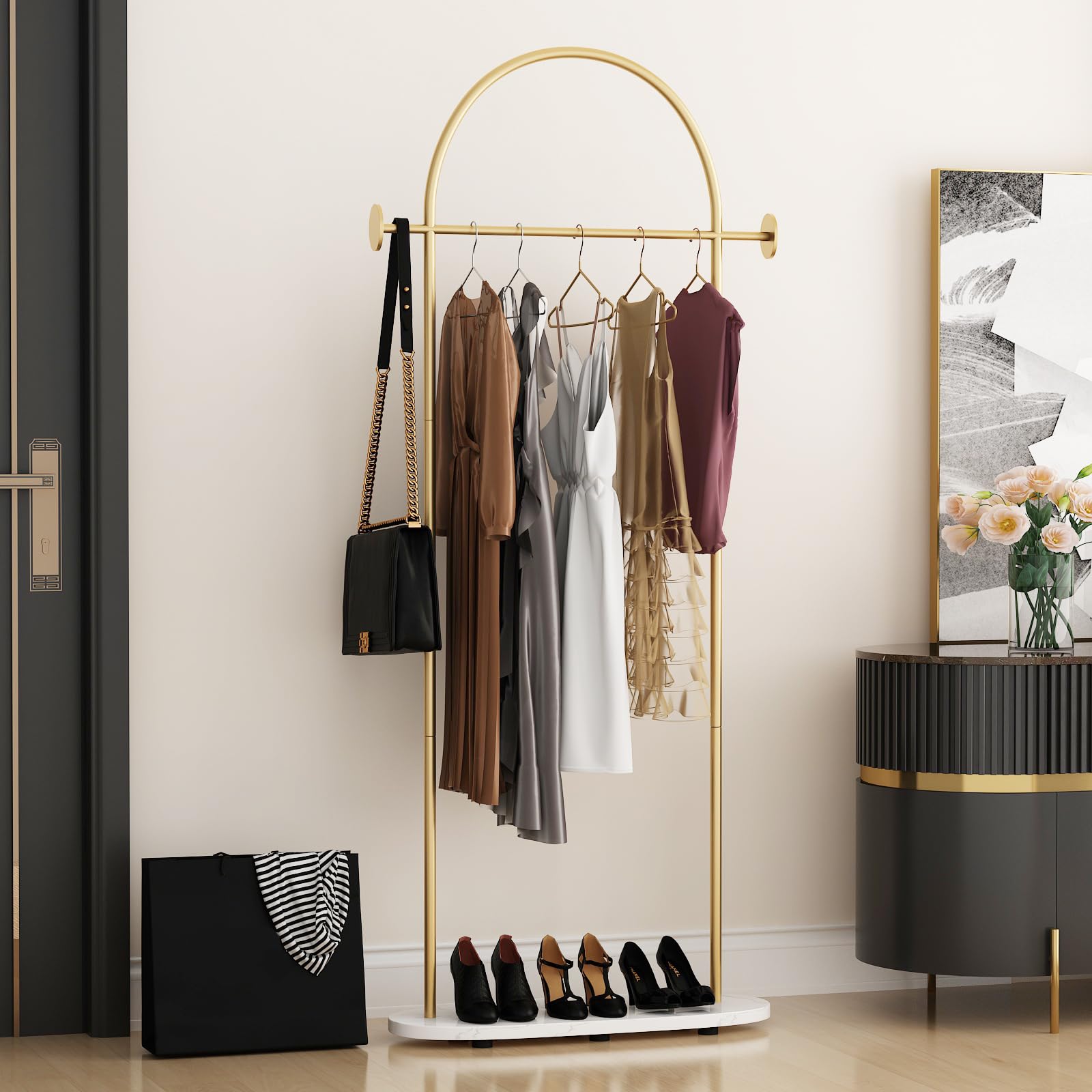 Stylish Gold Clothing Rack with Shelf - Heavy Duty Freestanding Coat Rack for Boutique, Office & Home - Modern Metal Garment Hanger Stand with Multiple Hooks - Perfect for Closet Organization, Retail Display & Bedroom Storage
