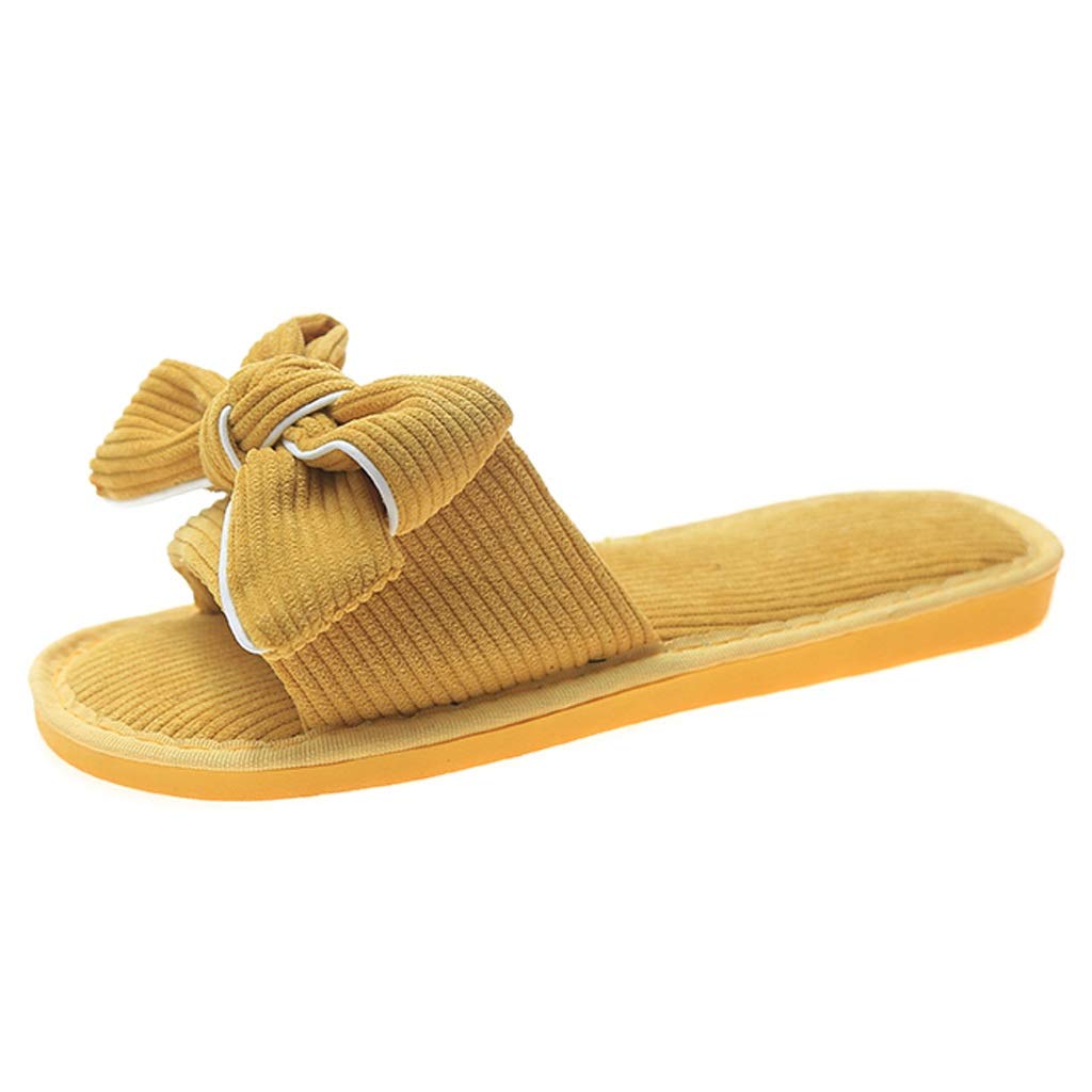 Butterfly Knot Corduroy Women's Non-Slip Indoor Slippers - Comfortable Flat Home Shoes for Spring & Autumn (Yellow, Size 39) - Perfect for Living Room, Bedroom & Cozy Home Wear