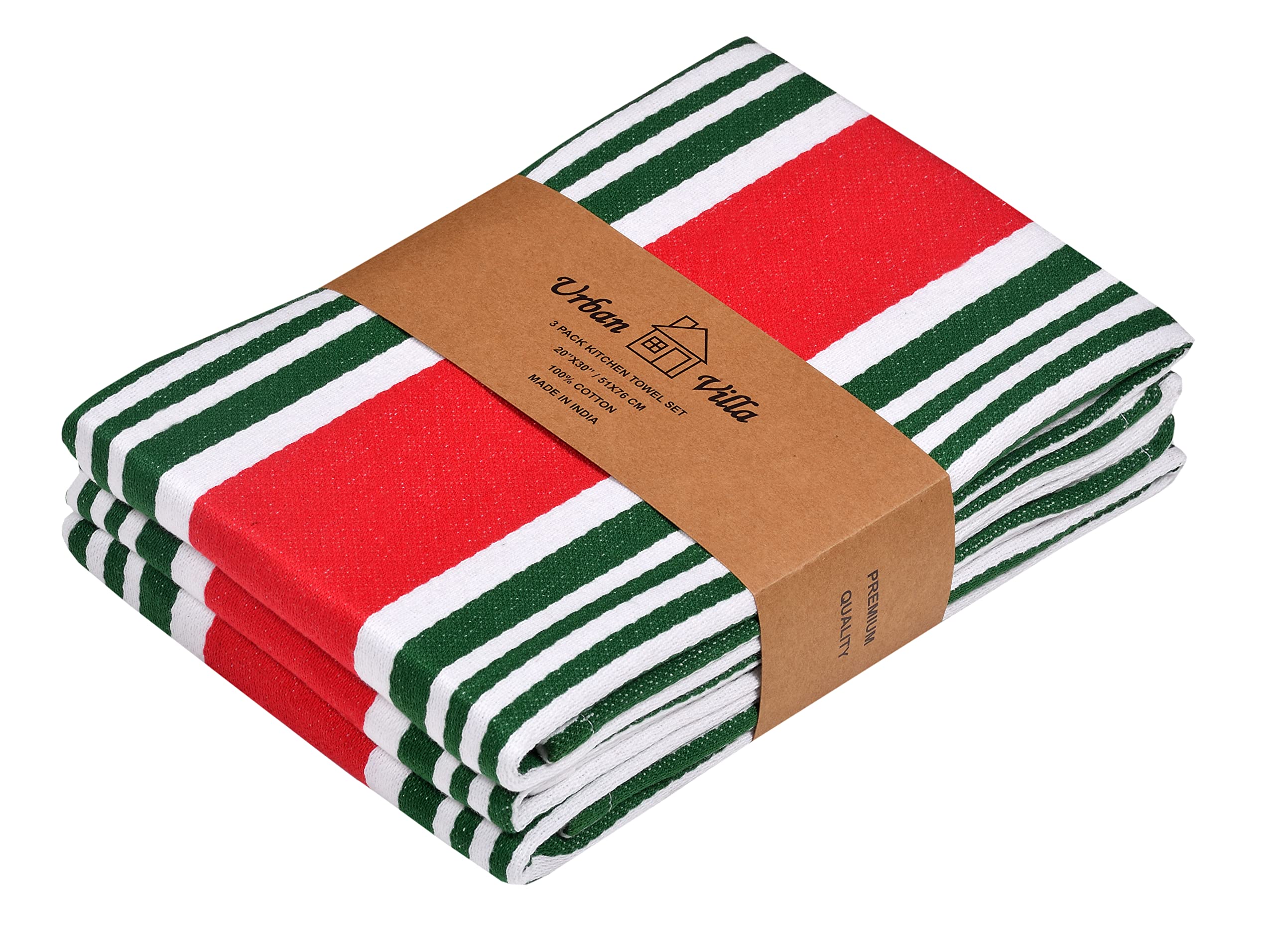 Premium Cotton Kitchen Towels Set of 3 - Super Absorbent 20x30 Inch Oversized Dish Towels with Mitered Corners (Red/Green/White) for Drying Dishes, Cleaning Countertops & Hand Drying - Ideal for Home Kitchen & Restaurant Use