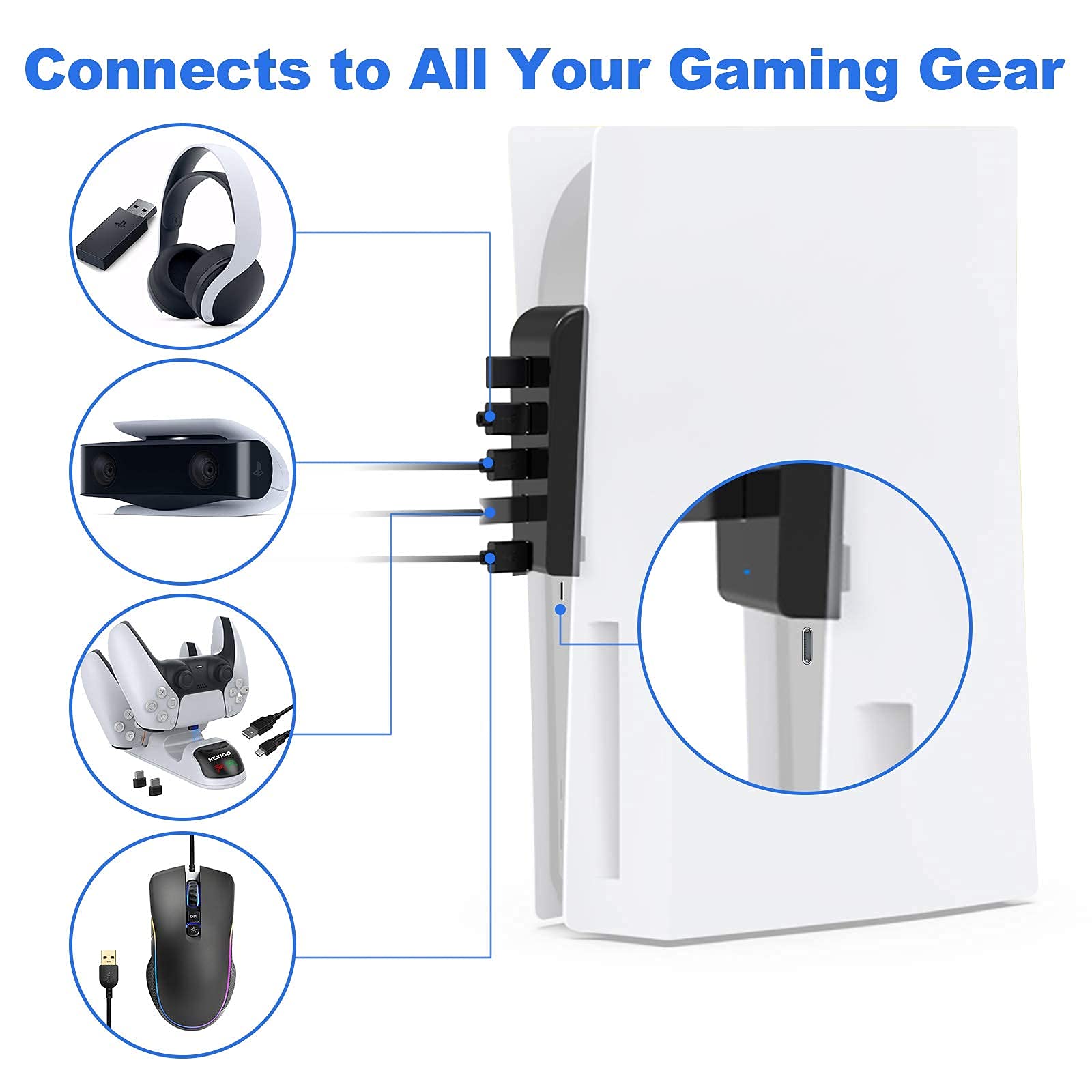 NexiGo PS5 Accessories Kit - Vertical Stand with Headset Holder, Dual Controller Charger, 10-Game Rack & 4-Port USB Hub for PlayStation 5 (Disc/Digital Edition) - Perfect for Gaming Setup & Organization