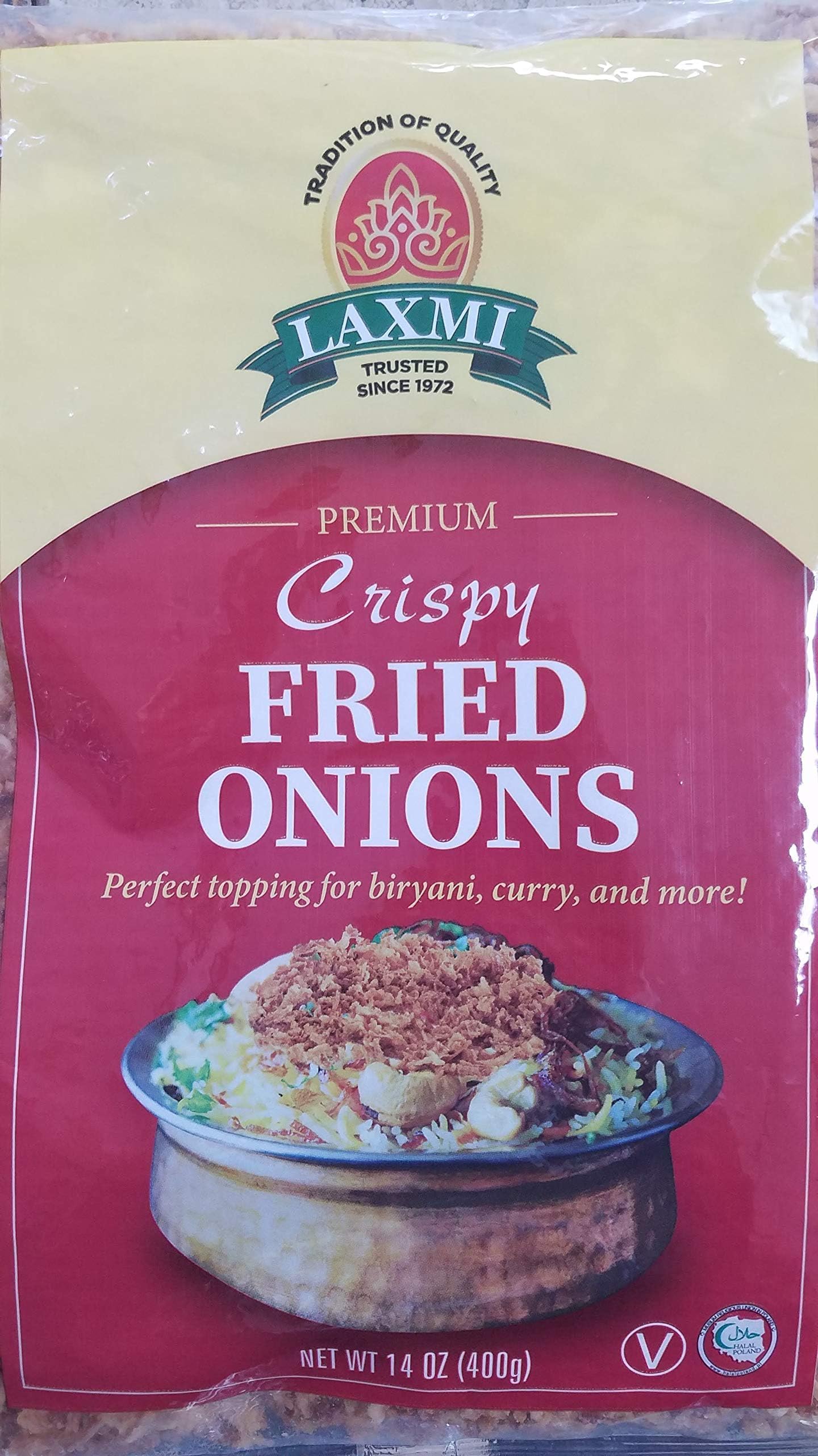 Laxmi Crispy Fried Onions 14 oz - Premium Indian Topping for Salads, Biryani & Soups | Gluten-Free & Vegan Snack