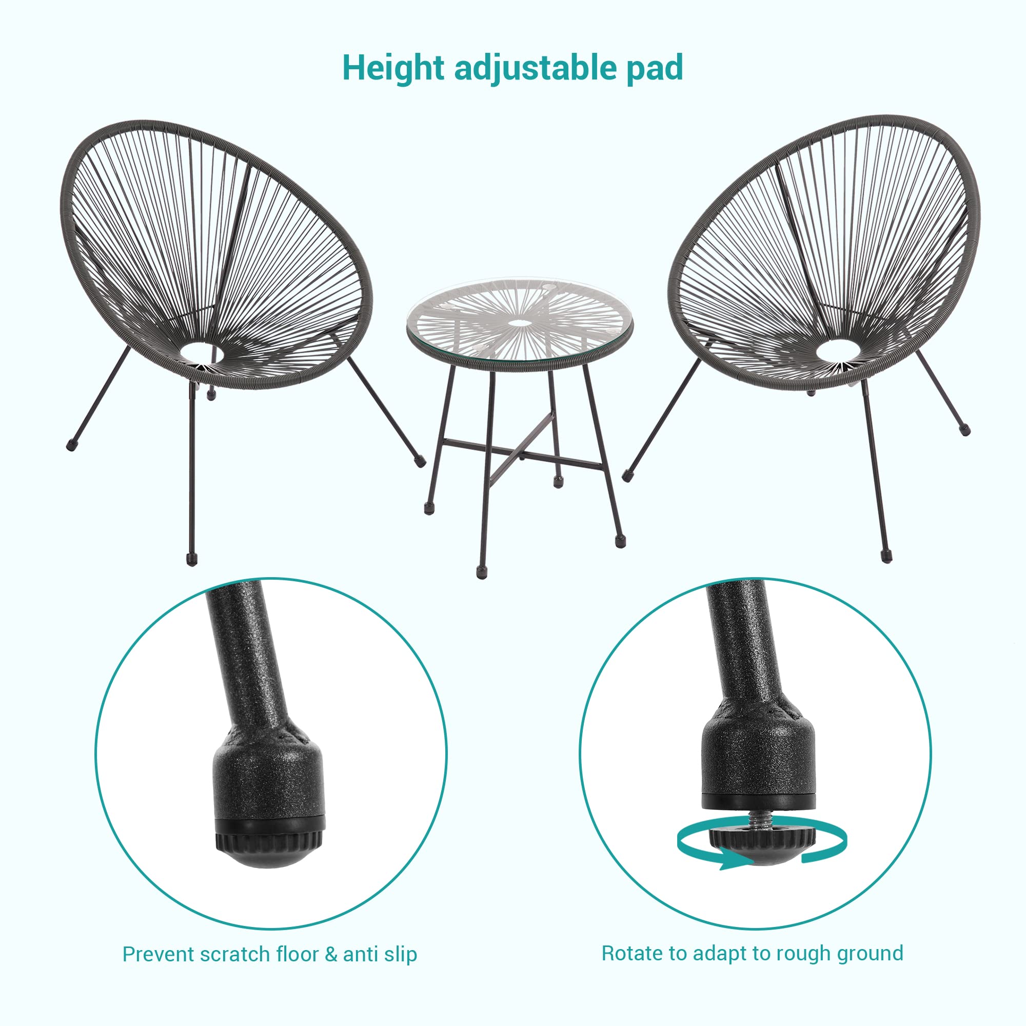 3-Piece Patio Furniture Set - Acapulco Chair with Glass Top Table & 2 Chairs - Indoor/Outdoor Seating Set in Grey - Perfect for Backyard, Garden, Poolside & Balcony Relaxation