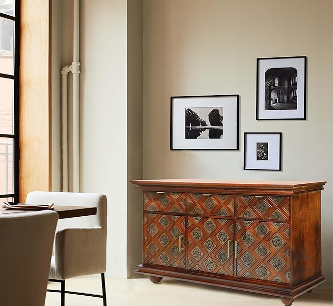 Handcrafted Corsica Traditional Large Gold Inlay Geometric Carving Sheesham Wood Sideboard - Elegant Dining Room Buffet Cabinet for Home Decor