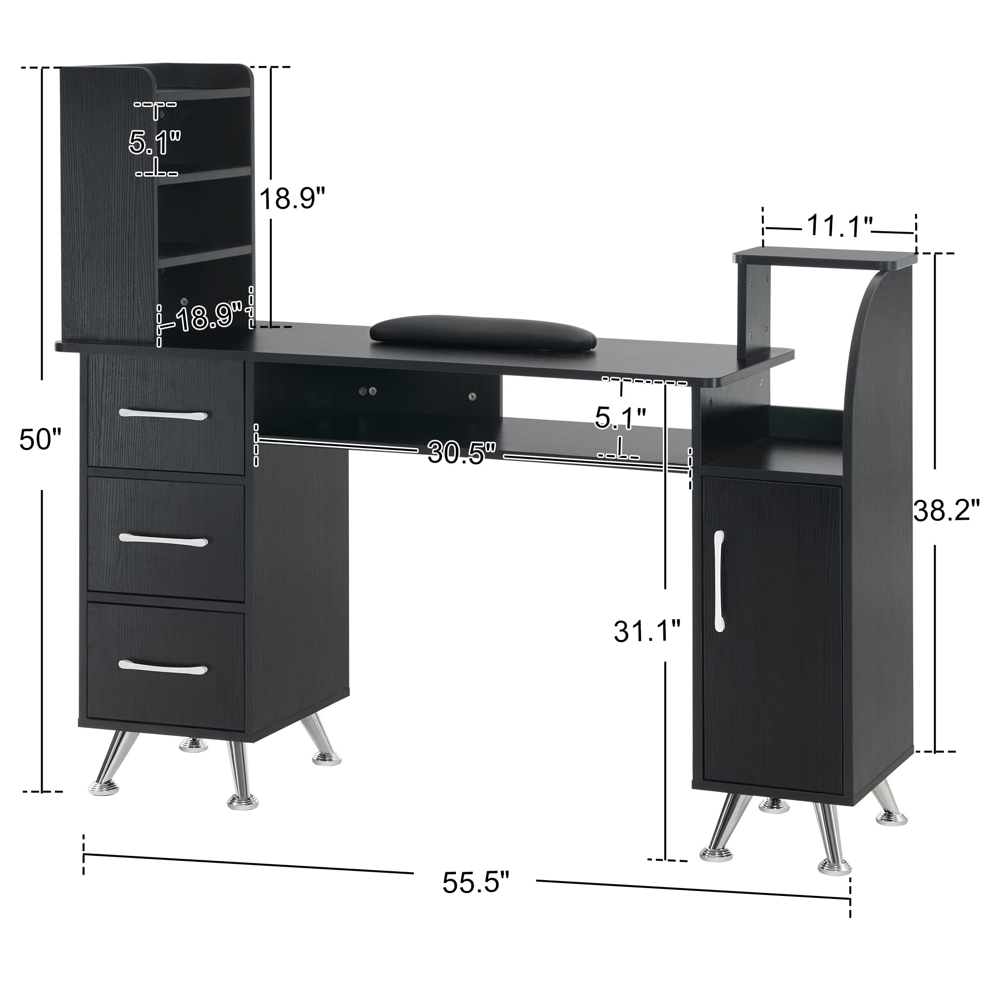 Professional Barber & Salon Manicure Table Makeup Dressing Station with Wrist Cushion - Beauty Workstation Nail Desk with Storage for Salon & Home Use (Black) - Perfect for Nail Technicians, Barbers & Makeup Artists