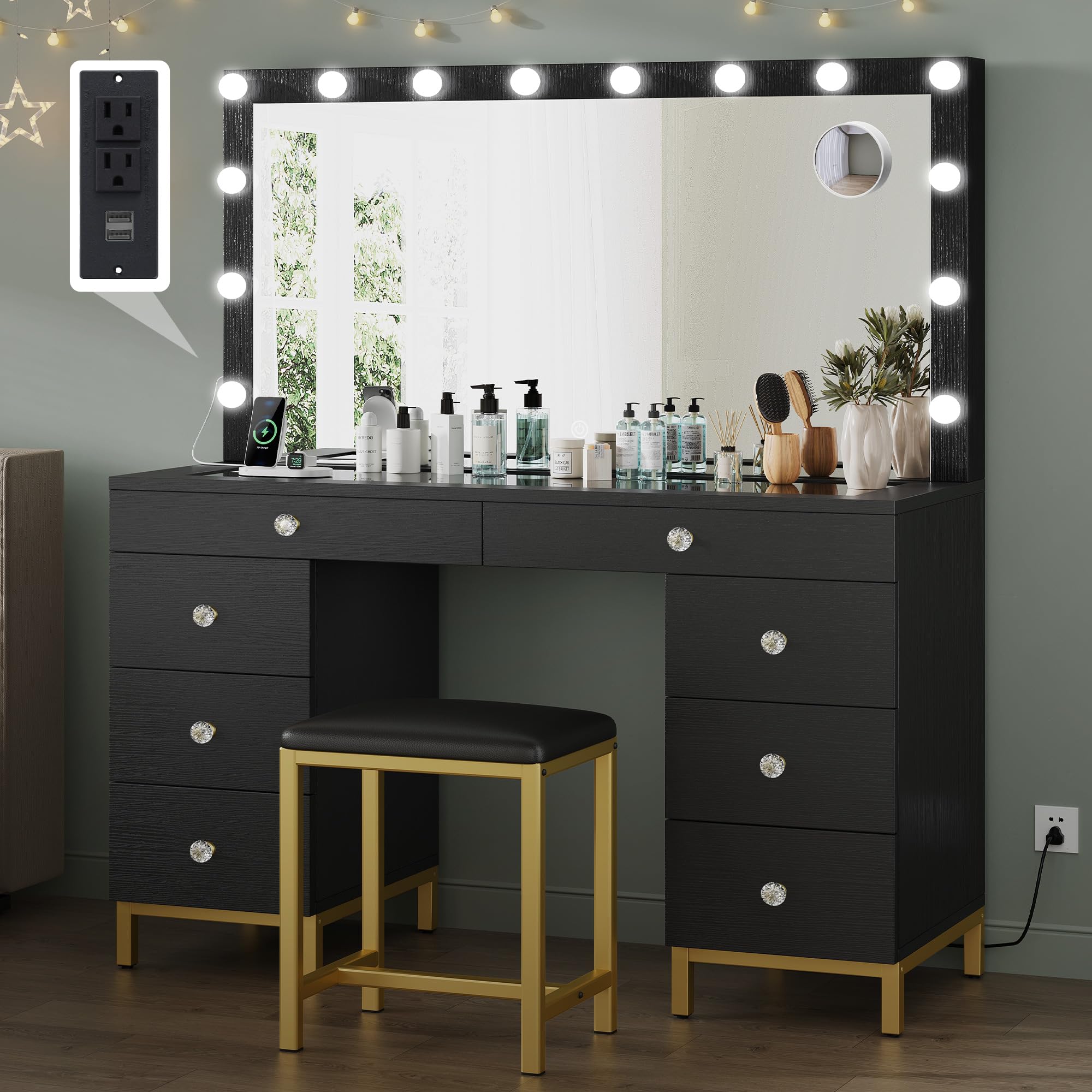 YITAHOME Vanity Desk with Mirror, Power Outlet & 14 LED Lights, Makeup Dressing Table with 8 Drawers, 3 Adjustable Lighting Colors - Perfect for Bedroom, Dressing Room & Home Salon (Black)