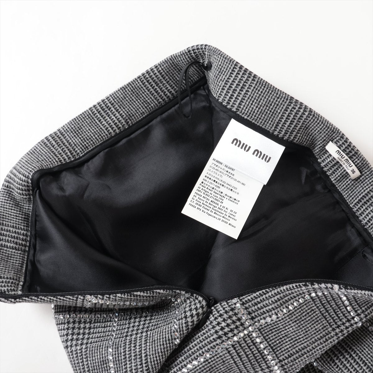 Miu Miu Gray Plaid Rhinestone Wool Skirt for Women | Elegant Winter Party Skirt for Holiday Gatherings & Office Wear