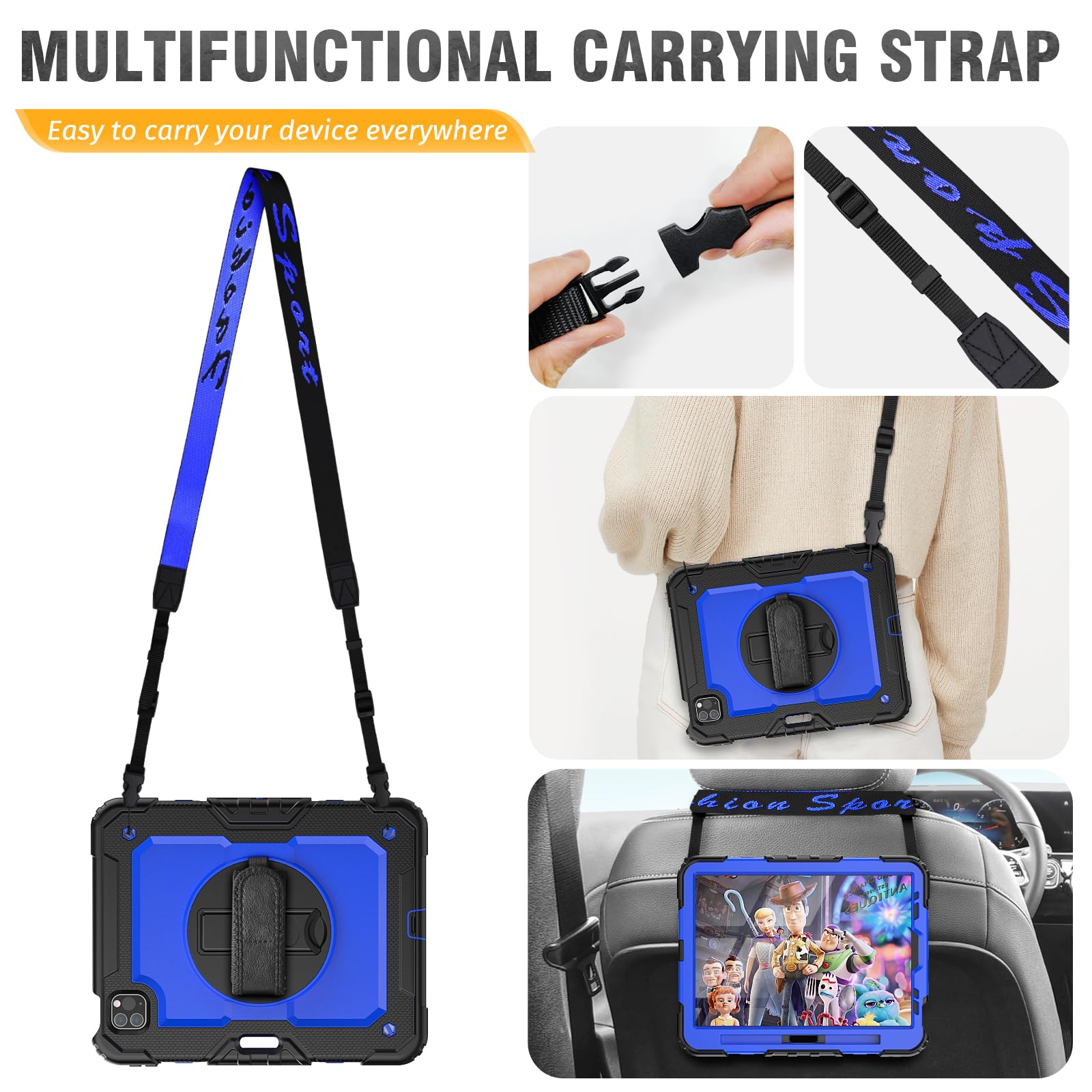 Shockproof iPad Air 5th/4th Generation 10.9 Inch Case with Pencil Holder, Built-in Screen Protector & Hand Strap - Compatible with iPad Air 5/4 Models A2316 A2324 A2588 A2589 A2591 A2072 A2325 - Blue Protective Cover for Work, School & Travel