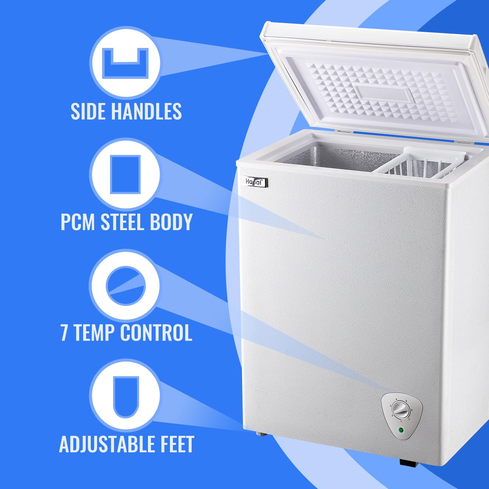 WANAI 3.5 Cu Ft Chest Freezer - Mini Deep Freezer with 7 Temperature Settings, Fast Cooling, Energy Efficient - Perfect for Apartments, Dorms, Home, Office & Business Use - Portable Compact Design (White)