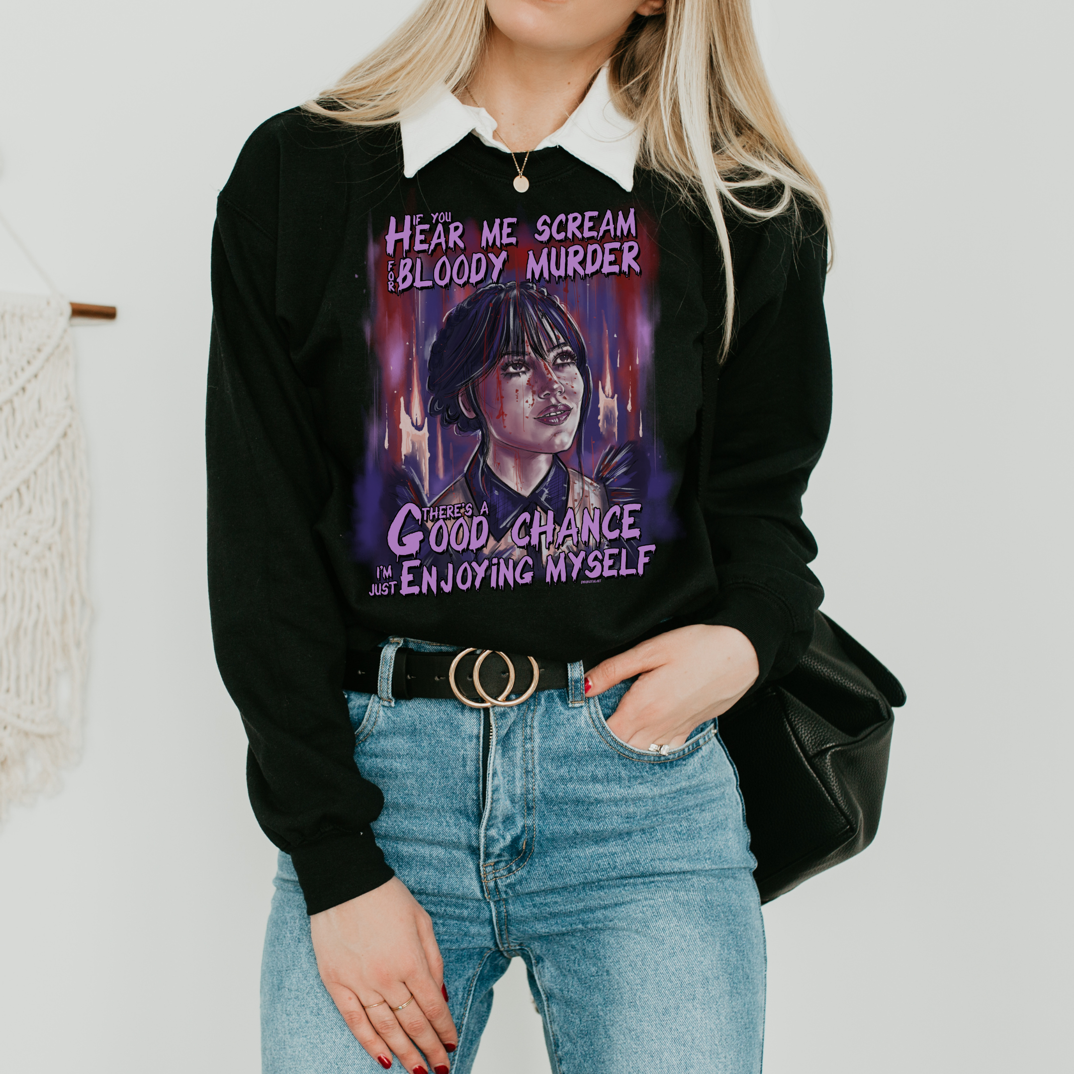 Wednesday Addams Inspired Black Crewneck Sweatshirt | Gothic Fashion for Women & Men | Perfect for Halloween, Cosplay & Casual Wear