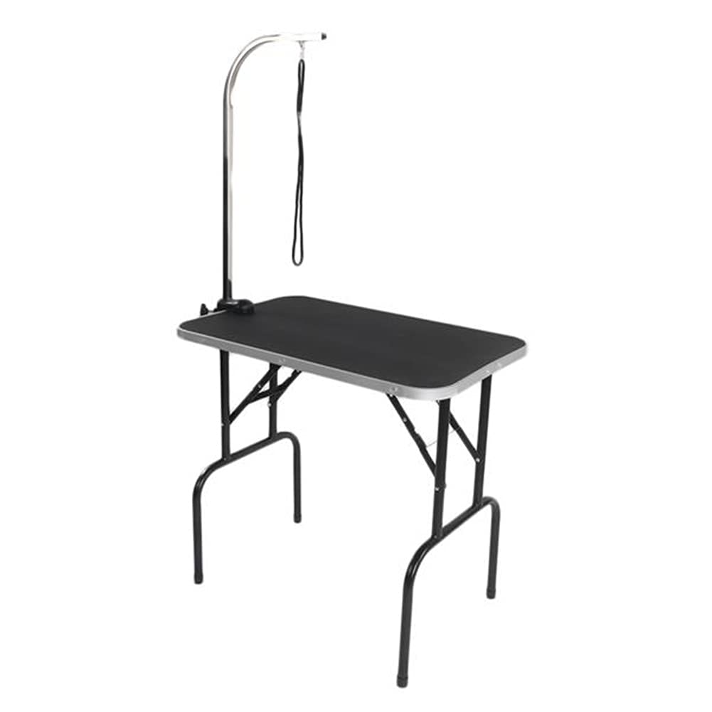 **Foldable Pet Dog Grooming Table with Mesh Tray & Adjustable Arm – Professional Dog Show Trimming, Drying & Storage Rack – Silver Base & Black Table Top (32 Inch) – Perfect for Home Grooming, Pet Salons & Dog Shows**