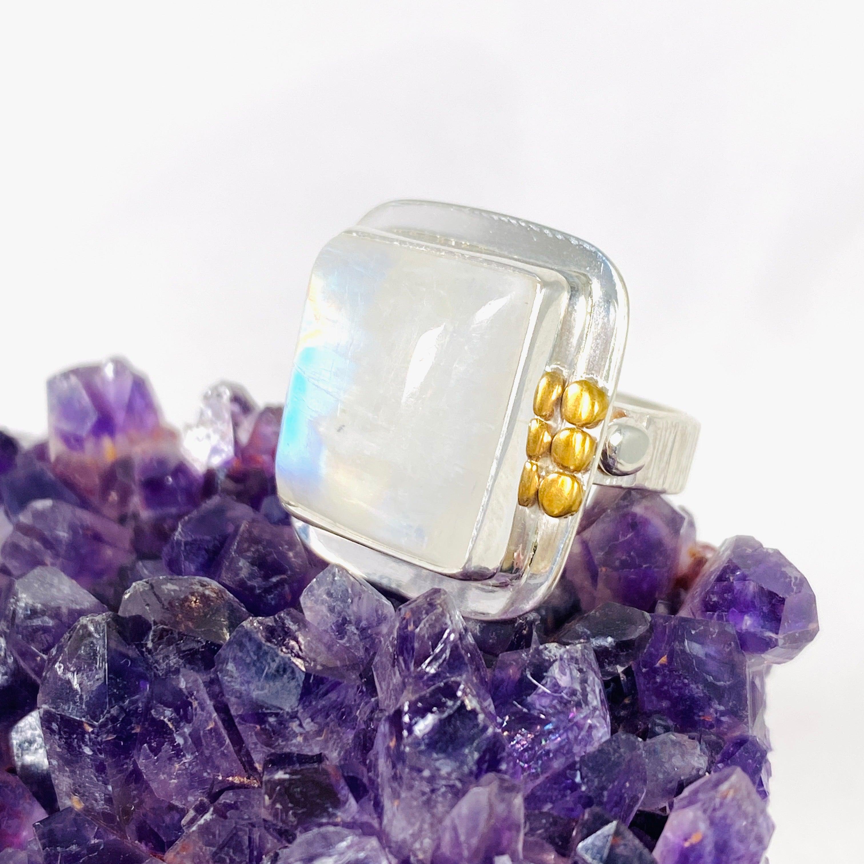 Moonstone Square Ring with Brass Detailing - Size 7 Sterling Silver Jewelry for Women, Elegant Boho Chic Accessory | Perfect for Weddings, Date Nights & Special Occasions