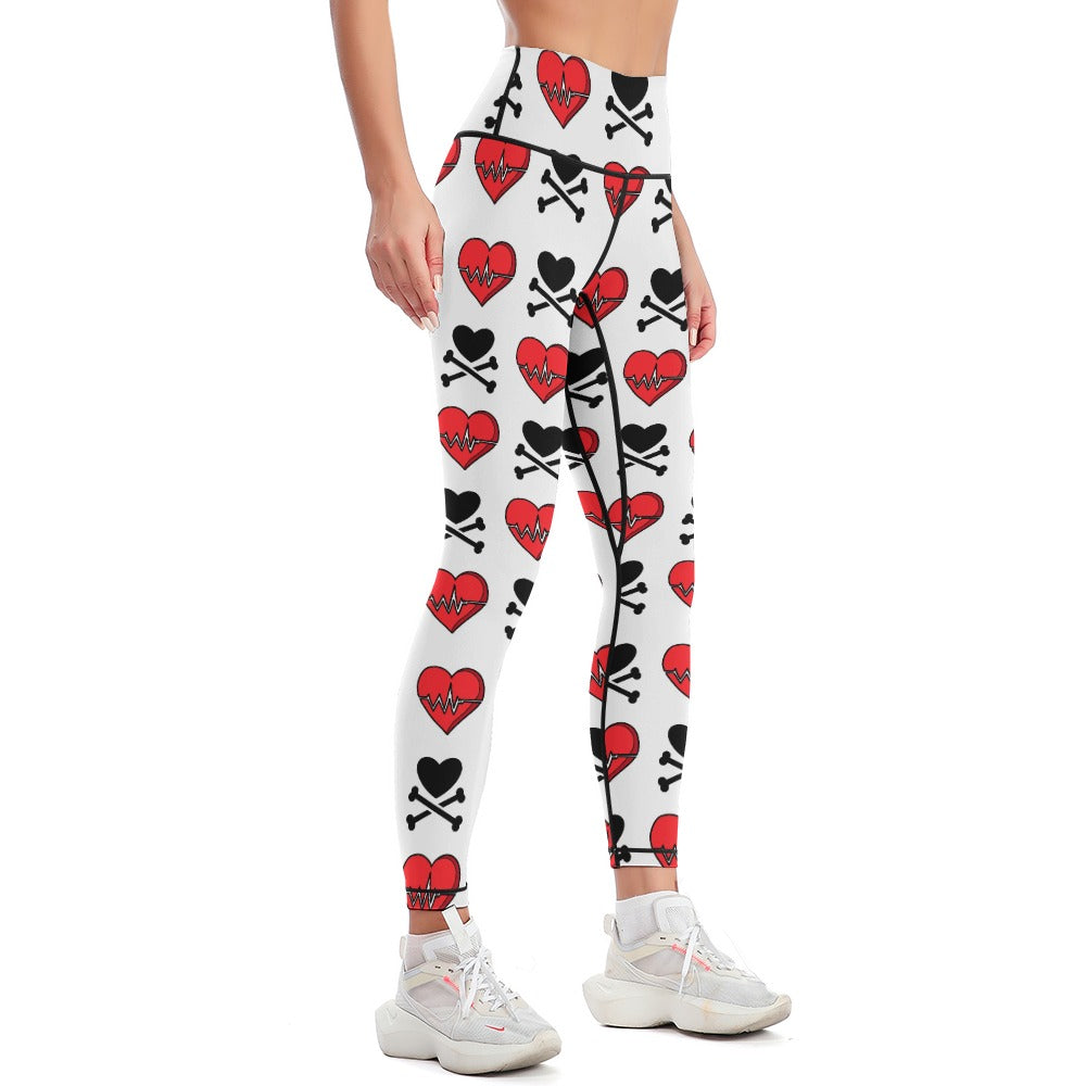 Hearts and Cross Bones Yoga Pants for Women - High Waisted Stretchy Workout Leggings for Yoga, Gym, Running & Lounge Wear