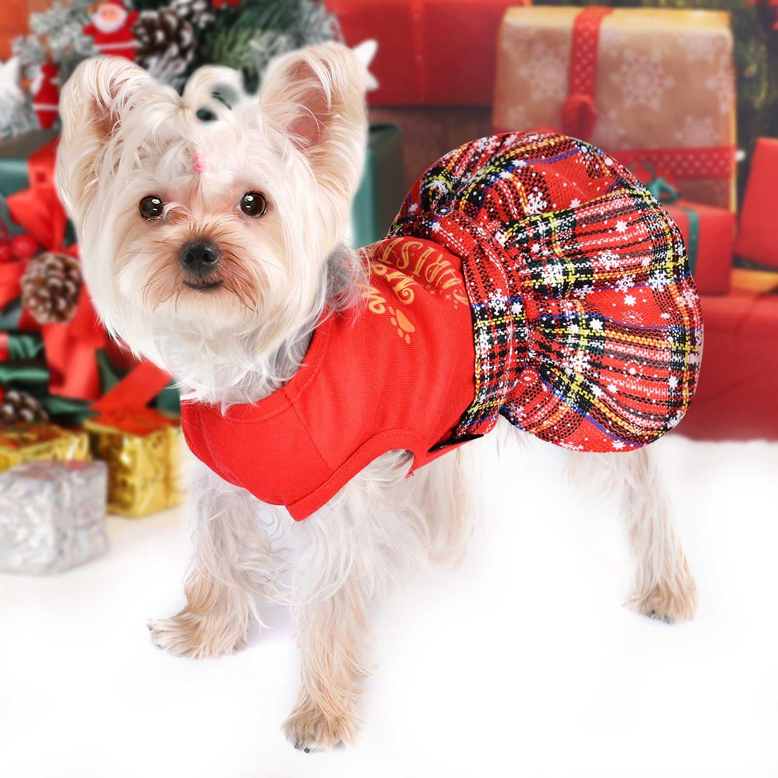 Christmas Dog Dress for Small Dogs - Plaid Pet Outfit Red Xmas Costume for Puppies & Girls (Medium) | Holiday Party, Photo Shoot & Festive Occasions