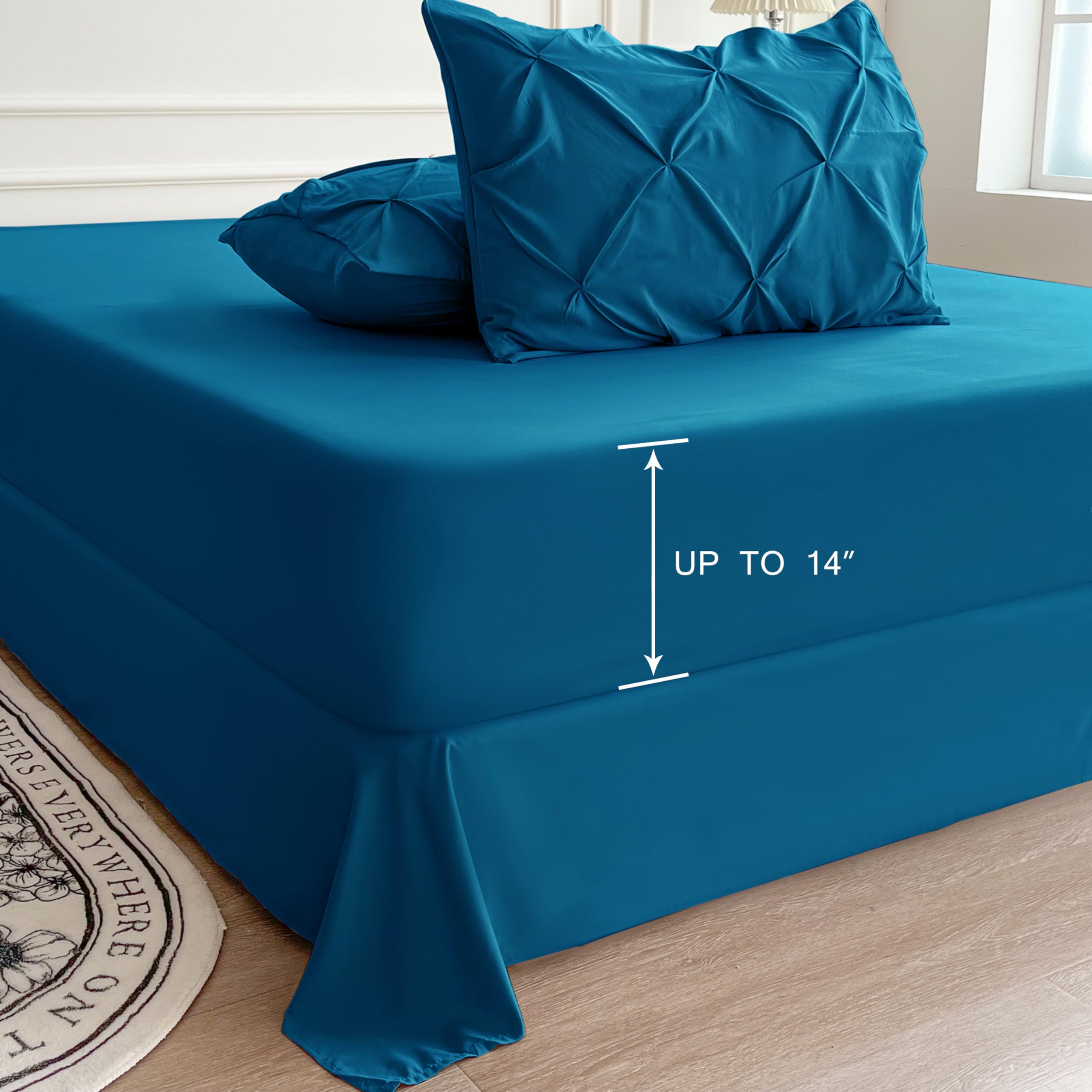 Maple & Stone 7-Piece King Size Comforter Set - Pintuck Design Bed in a Bag with Comforter, Sheets & Pillow Shams (Teal) | Luxury Bedding for Master Bedroom & Guest Room