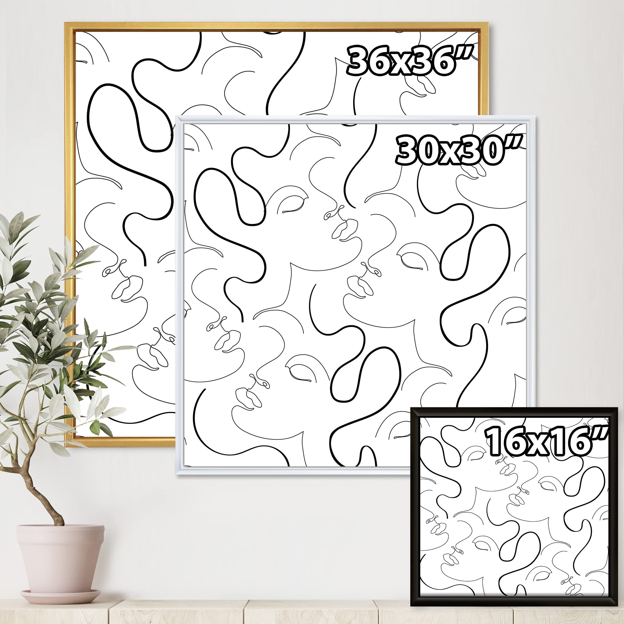 DesignQ Minimalist One Line Drawing Portraits - Modern Framed Canvas Wall Art Print for Living Room, Bedroom & Office Decor