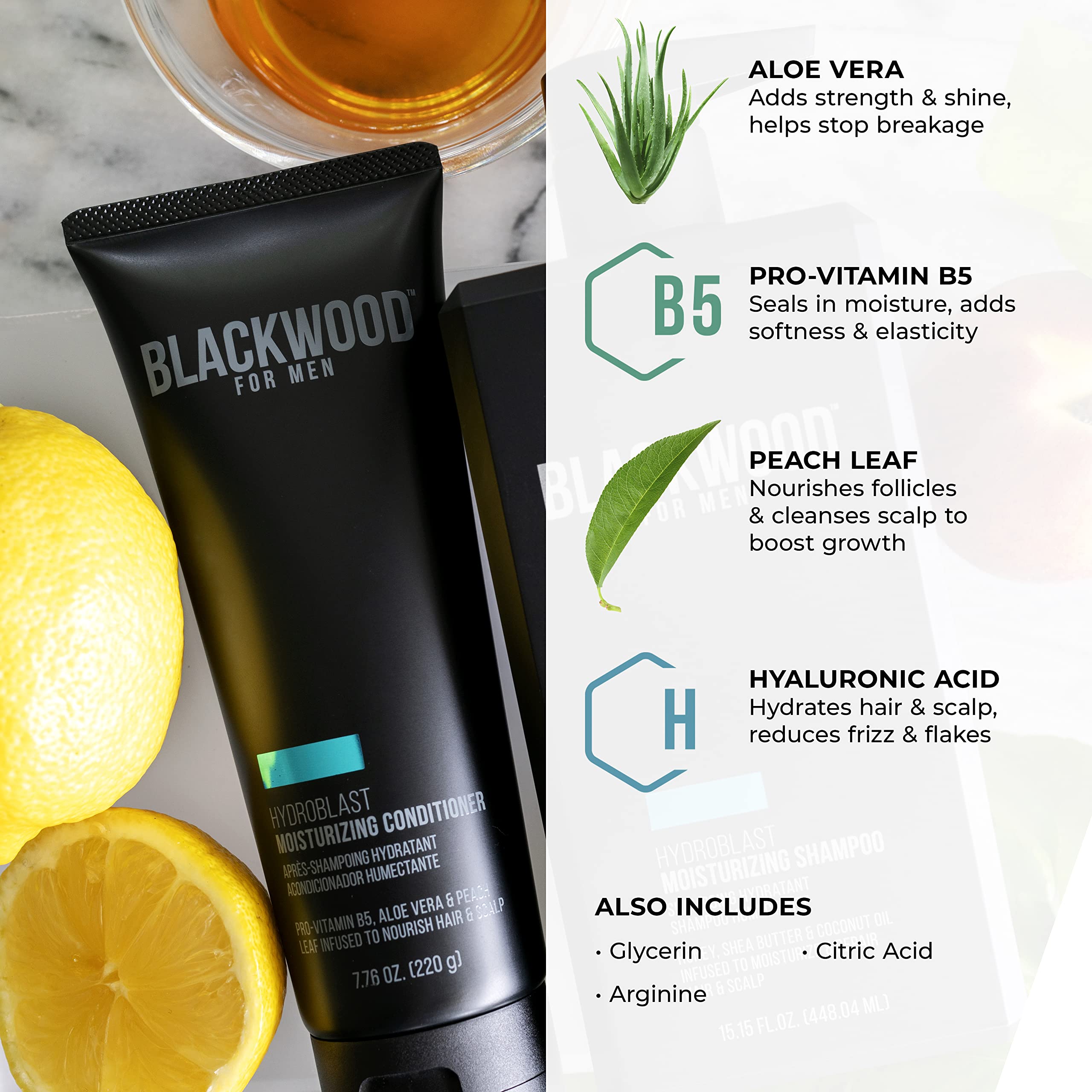 Blackwood For Men Hair Care Bundle - Hydroblast Moisturizing Shampoo (17 oz) & Conditioner (4.59 oz) with Scalp Massager | Hydrating Hair Treatment for Dry Scalp & Damaged Hair | Perfect for Daily Shower & Salon-Quality Results at Home