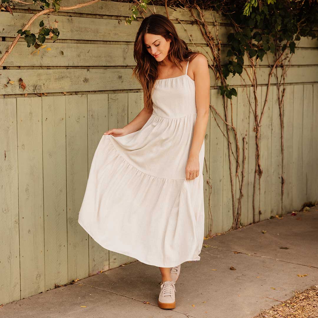 Elegant Cabo Midi Dress in Sand Color - Perfect for Beach Vacations, Summer Parties & Casual Outings